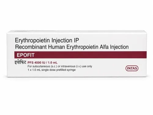 DescriptionEpofit 4000IU Injection is a medicine that helps your bone marrow to produce more red blood cells. It is used to treat a type of anemia caused by kidney disease. It is also used to treat anemia caused by cancer chemotherapy and by taking medicines to treat HIV. BenefitsIn Treatment of Anemia due to chronic kidney diseaseEpofit 4000IU Injection is a man-made protein that helps your bone marrow to produce more red blood cells. It is used to treat anemia which is caused by kidney disease in adults and children who are on dialysis. Anemia is a condition where your body does not have enough red blood cells to carry oxygen around your body. This medicine helps reduce weakness and tiredness that you may be experiencing due to anemia. The injection is usually given by a doctor after a dialysis treatment.In Treatment of Anemia due to cancer chemotherapyAnemia is a condition where your body does not have enough red blood cells to carry oxygen around your body. Epofit 4000IU Injection is a man-made protein that works by stimulating the bone marrow (soft tissue inside the bones) to produce more red blood cells. The natural human form of this protein may be reduced when you are having chemotherapy to treat some types of cancer. An injection of the medicine can reduce the need to have a blood transfusion. You may also be given iron supplements to make the treatment more effective. How to UseYour doctor or nurse will give you this medicine. Kindly do not self administer. SpecificatioNYour doctor or nurse will give you this medicine. Kindly do not self administer.Side EffectsMost side effects do not require any medical attention and disappear as your body adjusts to the medicine. Consult your doctor if they persist or if you’re worried about themCommon side effects of EpofitHigh blood pressureNauseaVomitingFeverRashJoint painHeadacheInsomnia (difficulty in sleeping)ChillsCoughBone painMuscle spasmDizzinessVascular occlusionInjection site irritationStomatitis (Inflammation of the mouth)Weight lossDecreased white blood cell count (lymphocytes)Increased glucose level in bloodBlood clot in the blood vessels