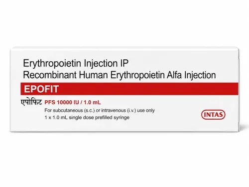 DescriptionEpofit 10000IU Injection is a medicine that helps your bone marrow to produce more red blood cells. It is used to treat a type of anemia caused by kidney disease. It is also used to treat anemia caused by cancer chemotherapy and by taking medicines to treat HIV.BenefitsIn Treatment of Anemia due to chronic kidney diseaseEpofit 10000IU Injection is a man-made protein that helps your bone marrow to produce more red blood cells. It is used to treat anemia which is caused by kidney disease in adults and children who are on dialysis. Anemia is a condition where your body does not have enough red blood cells to carry oxygen around your body. This medicine helps reduce weakness and tiredness that you may be experiencing due to anemia. The injection is usually given by a doctor after a dialysis treatment.In Treatment of Anemia due to cancer chemotherapyAnemia is a condition where your body does not have enough red blood cells to carry oxygen around your body. Epofit 10000IU Injection is a man-made protein that works by stimulating the bone marrow (soft tissue inside the bones) to produce more red blood cells. The natural human form of this protein may be reduced when you are having chemotherapy to treat some types of cancer. An injection of the medicine can reduce the need to have a blood transfusion. You may also be given iron supplements to make the treatment more effectiveHow to UseYour doctor or nurse will give you this medicine. Kindly do not self administer. Side EffectsMost side effects do not require any medical attention and disappear as your body adjusts to the medicine. Consult your doctor if they persist or if you’re worried about themCommon side effects of EpofitHigh blood pressureNauseaVomitingFeverRashJoint painHeadacheInsomnia (difficulty in sleeping)ChillsCoughBone painMuscle spasmDizzinessVascular occlusionInjection site irritationStomatitis (Inflammation of the mouth)Weight lossDecreased white blood cell count (lymphocytes)Increased glucose level in bloodBlood clot in the blood vessels