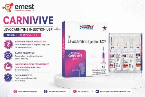 CARNIVIVE – Levocarnitine 1 g InjectionDescriptionCARNIVIVE Injection contains Levocarnitine 1 g, a naturally occurring substance involved in cellular energy metabolism. Levocarnitine helps transport long-chain fatty acids into mitochondria, where they can be used for energy production.Injectable levocarnitine is used for the treatment or prevention of carnitine deficiency in specific clinical situations. Depending on local approval and the patient's condition, it may be used in patients with primary or secondary carnitine deficiency, including certain patients undergoing dialysis.DosageThe dosage of CARNIVIVE 1 g Injection should be determined by a healthcare professional according to the patient's:Body weightSeverity of carnitine deficiencyUnderlying medical conditionLaboratory findingsKidney function and dialysis statusClinical response to treatmentLevocarnitine injection is generally administered intravenously (IV). The exact dose, frequency, dilution, and duration should follow the prescribing information and physician's instructions.PrecautionsInform the doctor about any previous allergy to levocarnitine.Patients with kidney disease should be appropriately monitored.Tell the healthcare professional about all medicines and nutritional supplements being used.Patients with a history of seizures should inform their physician because seizures have been reported with levocarnitine therapy.Pregnancy and breastfeeding require professional medical assessment.Laboratory monitoring may be required during prolonged treatment.Side EffectsPossible side effects of levocarnitine may include:NauseaVomitingDiarrheaAbdominal discomfortHeadacheUnusual body odorInjection-site reactionsRarely, hypersensitivity reactions or seizures may occur, particularly in susceptible individuals.WarningCARNIVIVE 1 g Injection should be administered under the supervision of a qualified healthcare professional.Seek immediate medical attention if symptoms of a severe allergic reaction occur, including difficulty breathing, swelling of the face or throat, severe rash, or significant dizziness.FAQ1. What does CARNIVIVE Injection contain?CARNIVIVE contains Levocarnitine 1 g.2. What is Levocarnitine Injection used for?It is used to replace levocarnitine in patients with carnitine deficiency when injectable treatment is clinically appropriate.3. How does Levocarnitine work?It helps transport long-chain fatty acids into mitochondria, supporting their use in cellular energy production.4. How is CARNIVIVE administered?Levocarnitine injection is generally administered intravenously by or under the supervision of a healthcare professional.5. What are the possible side effects?Possible effects include nausea, vomiting, diarrhea, abdominal discomfort, headache, unusual body odor, and injection-site reactions.6. Can CARNIVIVE be self-administered?Injectable levocarnitine should be used according to a physician's prescription and administered using appropriate medical procedures.