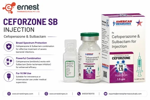 Product DescriptionCeforzone SB Injection 1.5 g contains a combination of Cefoperazone (1000 mg) and Sulbactam (500 mg) for Injection, widely used in the treatment of severe bacterial infections caused by susceptible organisms. This medicine works by inhibiting bacterial cell wall synthesis (Cefoperazone) and enhancing the effectiveness of the antibiotic with beta-lactamase inhibition (Sulbactam). Together, they provide strong and broad-spectrum antibacterial action against a variety of infections, including respiratory tract, urinary tract, intra-abdominal, and skin infections. Buy Ceforzone SB Injection 1.5 g online or order Ceforzone SB Injection 1.5 g in bulk from a trusted source. DosageCeforzone SB Injection 1.5 g should be administered intravenously (IV) or intramuscularly (IM) as prescribed by your doctor. The dosage may vary depending on the severity of the infection, age, weight, and overall health condition of the patient. For accurate dosage guidance and to buy Ceforzone SB Injection 1.5 g online, consult your doctor. PrecautionsDriving: Avoid driving if you experience dizziness, drowsiness, or confusion after administration.Alcohol: Avoid alcohol as it may cause adverse reactions such as flushing, sweating, and irregular heartbeat.Kidney: Dose adjustment may be necessary in patients with kidney impairment.Pregnancy/Breastfeeding: Use only if prescribed by your doctor; consult before use.Liver: Caution advised in patients with liver disease; regular monitoring may be required. Side EffectsSome common side effects of Ceforzone SB Injection 1.5 g may include:DiarrheaNausea or vomitingPain or swelling at the injection siteAllergic reactions such as rash or itchingElevated liver enzymesFever or chills WarningDo not self-administer or exceed the prescribed dose. Misuse can lead to antibiotic resistance, severe allergic reactions, or worsening health conditions. Always follow your doctor’s instructions when you buy Ceforzone SB Injection 1.5 g online or order Ceforzone SB Injection 1.5 g in bulk. FAQHow long should I take Ceforzone SB Injection 1.5 g?The duration of treatment depends on the type and severity of the infection. Follow your doctor’s complete prescription and do not stop abruptly.Is Ceforzone SB Injection 1.5 g safe for daily use?Yes, when used under medical supervision. Avoid self-medication and always follow prescribed dosage.How should I store Ceforzone SB Injection 1.5 g?Store in a cool, dry place away from direct sunlight. Keep it out of reach of children and pets.Can I take Ceforzone SB Injection 1.5 g with other antibiotics?Only under a doctor’s guidance. Combining antibiotics without medical advice may reduce effectiveness or increase side effects. Buy Ceforzone SB Injection 1.5 g online from us, as we are a bulk supplier of Ceforzone SB 1.5g Injections. For more information on order Ceforzone SB Injection 1.5 g in bulk or third party exporter of Ceforzone SB Injection 1.5, connect with us today!