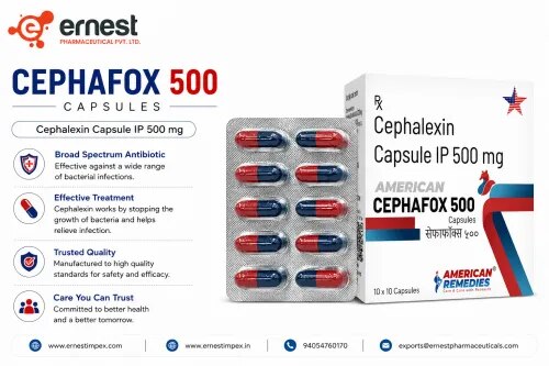 Cephafox 500 Capsules – Cephalexin 500 mgDescriptionCephafox 500 Capsules contain Cephalexin 500 mg, a first-generation cephalosporin antibiotic. It is used to treat certain bacterial infections caused by organisms that are susceptible to cephalexin.Cephalexin works by interfering with bacterial cell-wall formation, which leads to the destruction of susceptible bacteria. Depending on the diagnosis and local prescribing information, cephalexin may be prescribed for certain respiratory tract, skin and soft-tissue, urinary tract, and other bacterial infections.DosageThe dosage of Cephafox 500 Capsules should be determined by a healthcare professional according to the:Type and severity of infectionPatient's age and body weightKidney functionSusceptibility of the causative bacteriaClinical response to treatmentCapsules are taken orally with water and can generally be taken with or without food. Patients should follow the prescribed dose and treatment duration.Do not stop an antibiotic course early or change the dose without consulting the prescriber.PrecautionsInform your doctor if you are allergic to cephalexin, other cephalosporins, penicillins, or beta-lactam antibiotics.Patients with impaired kidney function may require dosage adjustment.Tell your healthcare provider about all medicines and supplements being used.Inform the physician about any previous history of severe antibiotic-associated diarrhea.Pregnancy or breastfeeding should be discussed with a healthcare professional.Use antibiotics only for confirmed or strongly suspected bacterial infections.Side EffectsPossible side effects of Cephalexin include:DiarrheaNauseaVomitingAbdominal discomfortIndigestionSkin rashItchingRare but serious reactions can include severe hypersensitivity reactions and severe or persistent antibiotic-associated diarrhea.WarningCephafox 500 Capsules are prescription antibiotic medicines and should be used according to medical advice.Seek immediate medical attention if difficulty breathing, swelling of the face or throat, severe skin reactions, or other symptoms of a serious allergic reaction occur.Severe or persistent diarrhea during or after antibiotic treatment should also be medically evaluated.