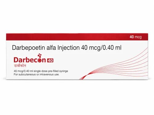 DescriptionDarbecon 40 Injection is used in the treatment of anemia that may have occurred due to chronic kidney disease or chemotherapy. It works by stimulating the bone marrow to produce more red blood cells. BenefitsIn Treatment of Anemia due to chronic kidney diseaseAnemia is a condition where your body does not have enough red blood cells to carry oxygen around your body. Chronic kidney disease (CKD) refers to the loss of normal kidney function over a long span of time. CKD progresses gradually over a few years but may become permanent if left untreated. CKD can lead to anemia. Darbecon 40 Injection can boost your levels of red blood cells and reduce the symptoms of anemia such as tiredness and weakness. Taking this injection improves the quality of life.In Treatment of Anemia due to cancer chemotherapyLow red blood cell count is termed as anemia. Cancer treatment with chemotherapy often causes many side effects, one of the major ones being anemia. Darbecon 40 Injection stimulates the production of red blood cells in bone marrow and regulates the haemoglobin in the blood. This treats anemia in cancer patients receiving chemotherapy. How to UseYour doctor or nurse will give you this medicine. Kindly do not self administer. Side Effects: Most side effects do not require any medical attention and disappear as your body adjusts to the medicine. Consult your doctor if they persist or if you’re worried about themCommon side effects of DarbeconHigh blood pressureRashInjection site painBreathlessnessCoughPeripheral edemaProcedural hypotension (low blood pressure)ConvulsionThromboembolism