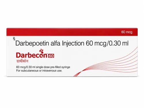 DescriptionDarbecon 60 Injection is used in the treatment of anemia that may have occurred due to chronic kidney disease or chemotherapy. It works by stimulating the bone marrow to produce more red blood cells. BenefitsIn Treatment of Anemia due to Chronic Kidney DiseaseAnemia is a condition where your body does not have enough red blood cells to carry oxygen around your body. Chronic kidney disease (CKD) refers to the loss of normal kidney function over a long span of time. CKD progresses gradually over a few years but may become permanent if left untreated. CKD can lead to anemia. Darbecon 60mg Injection can boost your levels of red blood cells and reduce the symptoms of anemia such as tiredness and weakness. Taking this injection improves the quality of life.In Treatment of Anemia due to cancer chemotherapyLow red blood cell count is termed as anemia. Cancer treatment with chemotherapy often causes many side effects, one of the major ones being anemia. Darbecon 60 Injection stimulates the production of red blood cells in bone marrow and regulates the haemoglobin in the blood. This treats anemia in cancer patients receiving chemotherapy. How to UseYour doctor or nurse will give you this medicine. Kindly do not self administer.Side Effects : Most side effects do not require any medical attention and disappear as your body adjusts to the medicine. Consult your doctor if they persist or if you’re worried about themCommon side effects of DarbeconHigh blood pressureRashInjection site painBreathlessnessCoughPeripheral edemaProcedural hypotension (low blood pressure)ConvulsionThromboembolism