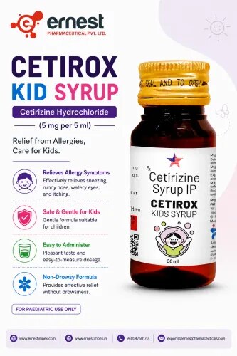 Cetirox Kid Syrup – Cetirizine Hydrochloride 5 mg/5 mLDescriptionCetirox Kid Syrup contains Cetirizine Hydrochloride 5 mg per 5 mL, an antihistamine (anti-allergic) medicine. It is used to help relieve symptoms associated with allergic conditions.Cetirizine works by blocking the action of histamine (H1 receptors), a substance released by the body during an allergic reaction. It can help reduce symptoms such as sneezing, runny nose, itchy or watery eyes, nasal itching, and hives (urticaria).DosageThe dosage of Cetirox Kid Syrup depends on the child's age, medical condition, kidney function, and healthcare professional's recommendation.Because the syrup contains 5 mg cetirizine per 5 mL (1 mg/mL), the prescribed quantity should be measured carefully with an appropriate measuring device.For children, follow the pediatrician's instructions or the age-specific directions on the approved product label. Do not exceed the recommended daily dose.PrecautionsInform the doctor if the child has kidney or liver problems.Do not use if there is a known allergy to cetirizine, hydroxyzine, or any ingredient in the formulation.Tell the healthcare professional about other medicines the child is taking.Cetirizine may cause drowsiness or tiredness in some patients.Use the supplied measuring cup/spoon or an oral syringe for accurate dosing.Do not give more than the recommended amount.Medical advice should be obtained before prolonged use.Side EffectsPossible side effects include:Drowsiness or sleepinessTirednessHeadacheDry mouthDizzinessNauseaAbdominal discomfortSerious allergic reactions are uncommon but require immediate medical attention.WarningCetirox Kid Syrup should be used in children according to medical advice and the approved product labeling.Seek immediate medical assistance if the child develops difficulty breathing, facial or throat swelling, severe rash, or another serious allergic reaction. FAQ1. What is Cetirox Kid Syrup used for?It is used to relieve symptoms of allergies, including sneezing, runny nose, itchy/watery eyes, and certain types of hives.2. How much Cetirizine does Cetirox Kid contain?It contains Cetirizine Hydrochloride 5 mg in every 5 mL of syrup.3. How does Cetirizine work?It blocks histamine H1 receptors, helping reduce the symptoms produced during an allergic reaction.4. Can Cetirox Kid Syrup cause sleepiness?Yes. Although cetirizine is considered a less-sedating antihistamine, drowsiness can still occur in some children.5. How should the syrup be measured?Use an appropriate medicine measuring cup, spoon, or oral syringe rather than an ordinary household spoon.6. Can Cetirox Kid Syrup be given every day?The frequency and duration depend on the child's age and condition. For ongoing or frequent use, follow the advice of a pediatrician or other qualified healthcare professional.