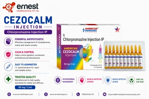 Product DescriptionCezocalm Injection contains Chlorpromazine Injection IP, an effective antipsychotic medicine widely prescribed for the treatment of schizophrenia, mania, severe behavioral disorders, and agitation in psychiatric conditions. It works by balancing certain chemical substances in the brain, thereby improving mood, thinking, and behavior. Buy Cezocalm Antipsychotic Injection online or order Cezocalm Injection online in bulk from a reliable source. DosageCezocalm Injection should be administered intramuscularly (IM) or intravenously (IV) strictly under the supervision of a medical professional. The dosage and frequency depend on the patient’s medical condition, severity of symptoms, age, and response to treatment. For correct dosing instructions and safe administration, always consult your doctor before you buy Cezocalm Antipsychotic Injection online or order Cezocalm Injection online in bulk. PrecautionsDriving: Avoid driving or operating machinery as this medicine may cause drowsiness or blurred vision.Alcohol: Do not consume alcohol during treatment as it may increase the sedative effect.Kidney/Liver: Use with caution if you have kidney or liver disorders. Dose adjustments may be required.Pregnancy/Breastfeeding: Should only be used if prescribed by a doctor. Avoid self-medication.Elderly patients: Extra care is needed as they may be more sensitive to side effects. Side EffectsSome common side effects of Cezocalm Injection may include:DrowsinessDry mouthBlurred visionConstipationLow blood pressure (hypotension)Weight gainMuscle stiffness or tremorsSeek immediate medical attention if you experience severe allergic reactions, difficulty breathing, or irregular heartbeats. WarningDo not exceed the prescribed dose. Overuse of Cezocalm Injection can cause serious complications such as neuroleptic malignant syndrome, seizures, or severe low blood pressure. Always follow your doctor’s guidance when you buy Cezocalm Antipsychotic Injection online or order Cezocalm Injection online in bulk. FAQWhat is Cezocalm Injection used for?It is used to treat schizophrenia, mania, and behavioral disorders by controlling abnormal brain activity.Can I take Cezocalm Injection daily?It should only be taken as per your doctor’s prescription. Do not self-administer or adjust doses.Is Cezocalm Injection safe for elderly patients?Yes, but it requires close monitoring as older patients may be more prone to side effects.How should I store Cezocalm Injection?Store in a cool, dry place away from direct light. Keep out of reach of children and pets. Buy Cezocalm Antipsychotic Injection online from us, as we are a bulk supplier of Cezocalm Injections. You can also order Cezocalm Injection online in bulk directly from our team. For third party exporter of Cezocalm Injections, connect with us today. 