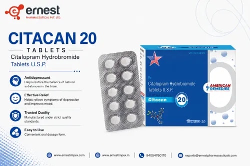 Product DescriptionCitacan 20 Tablets contain Citalopram Hydrobromide, a selective serotonin reuptake inhibitor (SSRI) used to treat depression and anxiety disorders. It works by restoring the balance of serotonin, a natural chemical in the brain that helps improve mood, emotional stability and sleep patterns.Recognized as one of the best anti depression medicine options available, Citacan 20 Tablets are commonly prescribed for individuals suffering from major depressive disorder, panic disorders and social anxiety. Whether you are looking to buy Citacan 20 Tablets online for individual use or need a trusted bulk supplier of Citacan 20 Tablets, we can assist you.  DosageCitacan 20 Tablets should be taken exactly as prescribed by your doctor, with or without food. It is important to take the medicine at the same time each day to maintain consistent blood levels. Do not stop the medication without medical advice, as this can lead to withdrawal symptoms. PrecautionsDriving:Citacan 20 Tablets may cause dizziness, drowsiness, or affect concentration. Avoid driving or operating machine after taking this medicine.Alcohol:Avoid or limit alcohol consumption while taking Citacan 20 Tablets as it can increase the risk of side effects such as sedation and impaired motor skills.Kidney:Patients with kidney issues should use Citacan 20 Tablets cautiously. Pregnancy:Citacan 20 Tablets should only be used during pregnancy if clearly needed and prescribed by a doctor. It may pose a risk to the unborn baby, especially if taken during the last trimester.Liver:Patients with liver impairment should take Citacan 20 Tablets under strict medical supervision with appropriate dose adjustments as needed. Side EffectsCommon side effects of Citacan 20 Tablets may include:NauseaDry mouthDrowsiness or insomniaIncreased sweatingFatigueSexual dysfunction WarningNot recommended for children under 18 unless advised by a specialist.Do not combine with other MAO inhibitors or serotonergic medicines.May take 2–4 weeks to show noticeable improvement in mood.Do not stop the medication on your own. FAQsHow long does Citacan 20 take to work?It may take 2 to 4 weeks to feel the full effect. However, some improvement in sleep or appetite may occur within the first week.Can I stop taking Citacan 20 Tablets once I feel better?No. Stopping the medicine can lead to withdrawal symptoms or relapse. Always consult your doctor before discontinuing.Is Citacan 20 addictive?Citacan 20 is not habit-forming, but sudden discontinuation may cause withdrawal effects. Use only as prescribed.Can I take Citacan 20 with other depression medications?No, combining with other antidepressants or serotonergic drugs without medical advice can increase the risk of serotonin syndrome. Whether you're looking to buy Citacan 20 Tablets online, or need assistance for bulk supplier of Citacan 20 Tablets, we can help you. We are the trusted third-party exporter of Citacan 20 Tablets, to deliver quality medicines on time. Contact us today for assistance! 