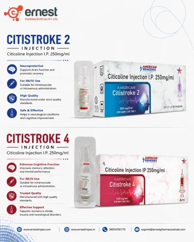 Citistroke Injection 2 & 4 – Citicoline Sodium IPDescriptionCitistroke Injection 2 & 4 contains Citicoline Sodium IP (Citicoline), a medicine that acts as a precursor in the synthesis of phospholipids in neuronal cell membranes.Citicoline is used in some countries as part of the management of certain neurological conditions, including recovery following stroke or brain injury. Its approved indications vary by country, so treatment should follow local prescribing information and a neurologist's or physician's assessment.DosageThe dosage of Citistroke Injection depends on the patient's diagnosis, severity of the condition, age, clinical response, and the exact strength of the formulation.It may be administered by intravenous (IV) or intramuscular (IM) injection, where approved for the specific product.Because “2 & 4” alone does not establish the exact mg/mL or total mg per ampoule/vial, the strength and dose should be confirmed from the product packaging before administration.PrecautionsUse only under the supervision of a qualified healthcare professional.Inform the doctor about any known allergy to Citicoline or formulation ingredients.Tell the physician about all other medicines being taken.Patients with significant underlying medical conditions should be appropriately evaluated before treatment.Pregnancy and breastfeeding require medical assessment before use.Do not change the dose or duration without medical advice.The exact route and administration instructions should follow the product label.Side EffectsCiticoline is generally well tolerated, but possible adverse effects can include:HeadacheDizzinessNauseaVomitingDiarrheaInsomnia or restlessnessChanges in blood pressureInjection-site reactionsRare hypersensitivity reactions may also occur.WarningCitistroke Injection should be administered only under medical supervision.It should not replace emergency evaluation and standard treatment for suspected stroke or acute neurological symptoms. Sudden facial weakness, difficulty speaking, loss of coordination, severe headache, or weakness on one side of the body requires immediate emergency medical attention.FAQ1. What does Citistroke Injection contain?It contains Citicoline Sodium IP as the active pharmaceutical ingredient.2. What is Citistroke Injection used for?Citicoline is used in certain markets as part of the treatment or recovery management of neurological conditions such as stroke and traumatic brain injury, depending on approved indications.3. How does Citicoline work?Citicoline provides precursors involved in the synthesis of phospholipids that form important components of neuronal cell membranes.4. How is Citistroke Injection administered?Depending on the approved formulation, it may be administered intravenously or intramuscularly by a healthcare professional.5. What are the possible side effects?Possible effects include headache, dizziness, nausea, gastrointestinal discomfort, insomnia, blood-pressure changes, and injection-site reactions.6. What is the difference between Citistroke 2 and Citistroke 4?They appear to represent different product strengths or presentations, but the exact concentration should be confirmed from the individual packs rather than inferred from the names alone.Buy Citistroke 2 Injection and Citistroke 4 Injection from us at competitive prices. We are a bulk supplier and distributor of Citistroke 2 & 4 Injections for pharmaceutical procurement requirements. You can order Citistroke Injections in bulk directly through our distribution team. For third-party export and bulk supply of Citistroke 2 & 4 Injections, contact our team today.