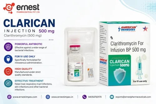 Product DescriptionClarican Injection 500 mg contains Clarithromycin for Injection BP 500 mg, a macrolide antibiotic widely prescribed for the treatment of bacterial infections such as pneumonia, bronchitis, sinusitis, skin infections, and infections of the ear, throat, and urinary tract. It works by stopping the growth of harmful bacteria in the body. Buy Clarican Injection 500 mg online or order Clarican 500 mg Injection in bulk from a trusted source. DosageClarican Injection 500 mg should be administered intravenously (IV) under the supervision of a medical expert. The exact dosage depends on the severity of the infection, patient’s age, weight, and medical condition. For safe usage and accurate dosing instructions, consult your doctor before you buy Clarican Injection 500 mg online or order Clarican 500 mg Injection in bulk. PrecautionsDriving: Avoid driving if you experience dizziness, blurred vision, or fatigue.Alcohol: Do not consume alcohol as it may interfere with the effectiveness of the medicine.Kidney: Dose adjustment may be required in patients with kidney impairment.Liver: Use cautiously under medical supervision in case of liver disorders.Pregnancy/Breastfeeding: Consult your doctor before use during pregnancy or while breastfeeding. Side EffectsSome common side effects of Clarican Injection 500 mg may include:Nausea and vomitingDiarrheaHeadacheAbdominal painChange in taste sensationSkin rash or itchingSeek immediate medical attention if you develop severe allergic reactions, irregular heartbeat, or persistent diarrhea. WarningDo not exceed the prescribed dosage. Misuse or overuse of Clarican Injection 500 mg can lead to antibiotic resistance or severe side effects. Always follow your doctor’s guidance when you buy Clarican Injection 500 mg online or order Clarican 500 mg Injection in bulk. FAQWhat is Clarican Injection 500 mg used for?It is used to treat bacterial infections of the respiratory tract, skin, soft tissue, and other infections caused by sensitive bacteria.How is Clarican Injection 500 mg given?It is administered intravenously by a healthcare professional. Self-administration is not recommended.Is Clarican Injection 500 mg safe during pregnancy?It should only be used during pregnancy if prescribed by a doctor after evaluating risks and benefits.How should I store Clarican Injection 500 mg?Store in a cool, dry place away from light and moisture. Keep out of reach of children and pets. Buy Clarican Injection 500 mg online from us, as we are a bulk supplier of Clarican Injection 500 mg. You can also order Clarican 500 mg Injection in bulk directly from our distribution team. For third party exporter of Clarican Injection 500 mg, contact us today.