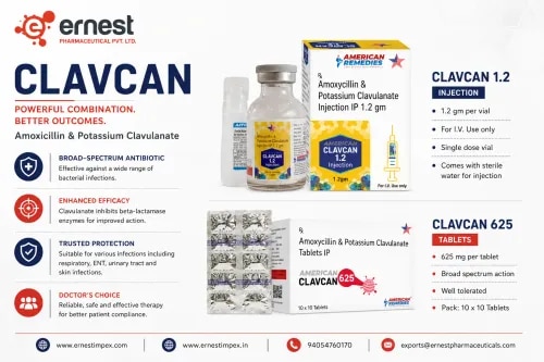 Clavcan 1.2 Injection & Clavcan 625 TabletsGeneric Name: Amoxicillin + Potassium ClavulanateDescriptionClavcan 1.2 Injection and Clavcan 625 Tablets are combination antibacterial medicines containing Amoxicillin and Potassium Clavulanate (Clavulanic Acid).Amoxicillin is a penicillin-class antibiotic that kills susceptible bacteria by interfering with bacterial cell-wall synthesis. Clavulanate is a beta-lactamase inhibitor that protects amoxicillin from certain bacterial enzymes that would otherwise inactivate it.The combination is prescribed for susceptible bacterial infections affecting areas such as the respiratory tract, urinary tract, skin and soft tissues, depending on the diagnosis and local approved indications.Available FormsProduct	Dosage Form	Common CompositionClavcan 1.2	Injection	Amoxicillin 1000 mg + Clavulanic Acid 200 mgClavcan 625	Tablet	Amoxicillin 500 mg + Clavulanic Acid 125 mgDosageThe dosage and treatment duration depend on the type and severity of infection, patient's age/weight, kidney function, and clinical response.Clavcan 1.2 Injection is administered by a qualified healthcare professional according to the approved injectable-product instructions.Clavcan 625 Tablets are taken orally as prescribed. Taking amoxicillin/clavulanate at the start of a meal can help reduce gastrointestinal intolerance.Patients should complete the prescribed antibiotic course and should not change the dose or stop treatment without medical advice.PrecautionsDo not use in patients with a known serious allergy to amoxicillin, penicillins, or other beta-lactam antibiotics.Inform the doctor about previous liver problems or jaundice associated with amoxicillin/clavulanate.Patients with kidney impairment may require dosage adjustment.Inform the healthcare professional about other medicines being taken.Pregnancy and breastfeeding should be discussed with a healthcare professional.Prolonged treatment may require monitoring of liver, kidney, and blood parameters.Antibiotics should not be used unnecessarily for viral infections.Side EffectsPossible side effects include:DiarrheaNauseaVomitingAbdominal discomfortIndigestionSkin rashItchingOral or vaginal candidiasisLess commonly, serious allergic reactions, significant liver problems, or severe antibiotic-associated diarrhea can occur.WarningClavcan is a prescription antibiotic and should be used only under appropriate medical supervision.Seek urgent medical attention if difficulty breathing, facial/throat swelling, severe skin reactions, jaundice, or severe/persistent diarrhea develops.Buy Clavcan 1.2 Injection and Clavcan 625 Tablets from us at competitive prices. We are a bulk supplier of Clavcan 1.2 Injection and Clavcan 625 Tablets (Amoxicillin + Potassium Clavulanate) for pharmaceutical procurement requirements. You can order both products in bulk directly from our distribution team. For third-party export and bulk supply of Clavcan 1.2 Injection & Clavcan 625 Tablets, contact our team today.