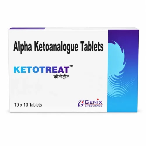 DescriptionKetotreat Tablet is a nutritional supplement used in the treatment of chronic kidney disease. It reduces urea levels in the blood and helps prevent the progression of kidney disease. This way it delays the risk of undergoing long-term dialysis.BenefitsIn Treatment of Chronic kidney diseaseChronic kidney disease (CKD) refers to the loss of normal kidney function over a long span of time. CKD progresses gradually over a few years but may become permanent if left untreated. Ketotreat Tablet is a combination of essential amino acids which when combined with a low or very low protein diet slows down the progression of CKD and improves the quality of life. It also helps in the elimination of toxic materials such as urea from the kidneys and improves kidney function. However, you must follow your doctor’s instructions carefully and take it as advised to get maximum benefit. How to UseTake this medicine in the dose and duration as advised by your doctor.Side EffectsMost side effects do not require any medical attention and disappear as your body adjusts to the medicine. Consult your doctor if they persist or if you’re worried about themCommon side effects of KetotreatIncreased calcium level in blood