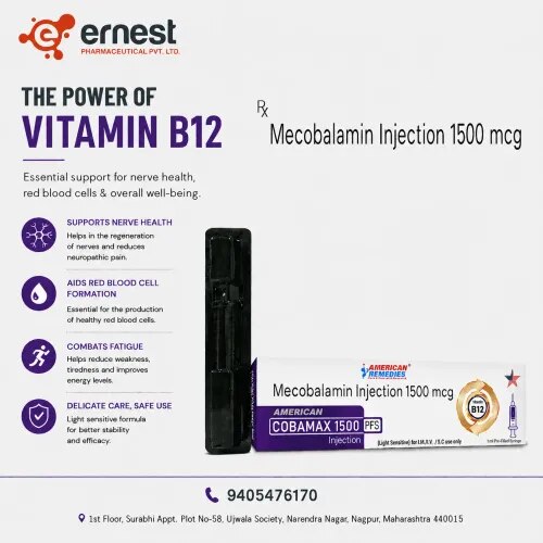 Cobamax AQ 1500 Injection Cobamax AQ 1500 Injection contains Methylcobalamin 1500 mcg, an active form of Vitamin B12. It is used for the treatment and management of Vitamin B12 deficiency and certain conditions associated with nerve damage or impaired nerve function.Methylcobalamin plays an important role in red blood cell formation, normal nervous-system function, and DNA synthesis. It also supports the maintenance and repair of nerve cells. Cobamax AQ 1500 Injection is generally administered by a healthcare professional when injectable Vitamin B12 supplementation is considered appropriate.