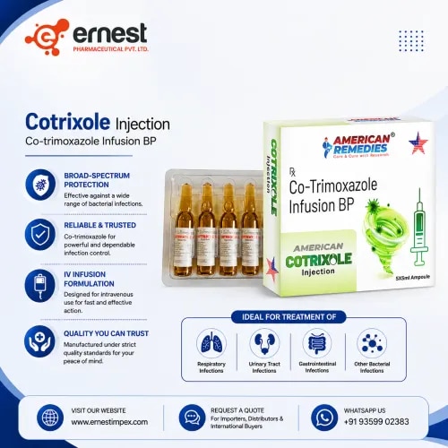 Injection Co-trixoleCotrixole Injection is a combination of Co-trimoxazole Infusion BP [Trimethoprim (80 mg) + Sulphamethaxazole (400 mg)] which is a commonly used combination of antibiotics that works well for a wide variety of bacterial illnesses. It is often used for respiratory tract infections, urinary tract infections (UTI), gastrointestinal infections, skin infections and Pneumocystis jiroveci pneumonia (PJP). This kind of injection works by stopping the growth of harmful bacteria and therefore treats and prevents bacterial illnesses. Buy Cotrixole Injection online, or bulk order of Cotrixole Injection from reliable supplier at best pricing. 