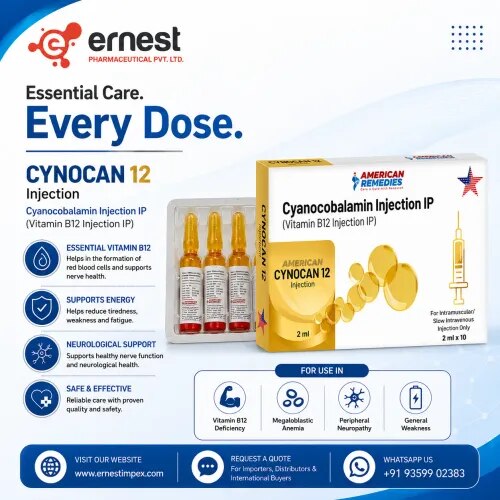 Cynocan 12 Injection is composed of Injection IP . Cynocan 12 Injection is a type of vitamin B12 . Cynocan 12 Injection is extensively used to treat and prevent vitamin B12 insufficiency . It is essential in the creation of red blood cells, healthy neurones and general energy metabolism. This injection is mostly used for illnesses such as pernicious anaemia, megaloblastic anaemia, and several neurological disorders caused by shortage of Vitamin B12. Buy Cynocan 12mg Injection online or Buy Cynocan 12mg Injection in bulk from trustworthy supplier at cheapest price.DosageCynocan 12 Injection is to be used in the doses and duration as advised by the doctor. Do not take longer than suggested. The dose may be adjusted depending on the severity of deficiency, the medical condition and the response to therapy. Always with your doctor before using for specific dosing recommendations. Always get medical advice when purchasing Cynocan 12mg Injection onlineCautionsDriving: Safe in general. Driving: Safe in general. If you feel dizzy or weak, see your doctor.Alcohol: Avoid drinking too much alcohol, as this can affect the absorption of Vitamin B12.renal: Use with caution in persons with renal disease. May require medical care.Pregnancy/Breastfeeding: Safe if prescribed by a doctor, but check with doctor before use.Liver: If you have any liver disease, you should take this injection under physician care.Adverse EffectsSome of the side effects of Cynocan 12 Injection are:Soreness or redness at injection locationLoose stoolsNausea or vomiting.Head acheVertigoIf you have a severe allergic response, trouble breathing, or swelling, get medical help right once.CautionDo not self-inject Cynocan 12 Injection. It is to be given only under medical supervision. Complications might occur from overuse or misuse. Buy Cynocan 12mg Injection online and acquire Cynocan 12mg Injection to be used according to the prescribed dose.FAQsCynocan 12 Injection is used for:It is used to treat vitamin B12 deficiency, pernicious anaemia and some neurological problems.1. Is it possible to use Cynocan 12 Injection on a daily basis?The frequency of use depends on your condition and should be set by your doctor.2. How to store Cynocan 12 Injection?Keep in a cool dry place away from direct sunlight Keep out of the reach of youngsters.3. Is Cynocan 12 Injection safe in pregnancy?Yes but only under the supervision of a doctor, during pregnancy or lactation.We are a bulk supplier of Cynocan 12mg Injection and you can buy Cynocan 12mg Injection online from us with quality and quick delivery. Also, you may order Cynocan 12mg Injection for bulk purchase. Call us immediately for more information about third party exporter of Cynocan 12mg Injection!