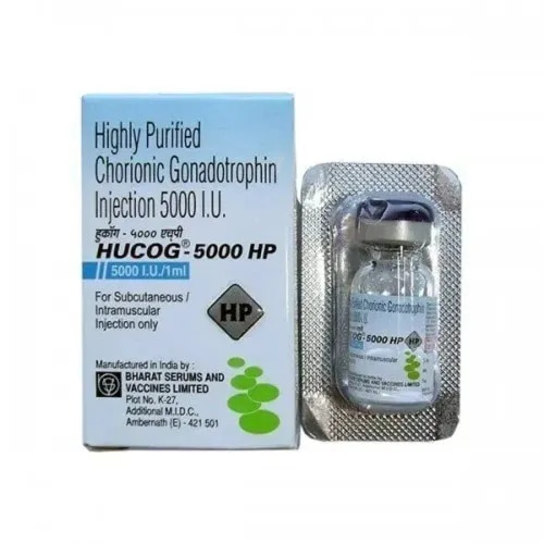 About Hucog-5000 HP InjectionHucog-5000 HP Injection is a prescription injectable medication used as part of hormone therapy to treat fertility-related conditions. It helps regulate or stimulate the body's natural reproductive hormones, supporting processes such as egg development and ovulation. This medicine is an important part of fertility treatment and should only be used under the guidance of a healthcare professional.For best results, you must inject this medication exactly on the schedule prescribed by your doctor. Because timing is critical for hormone therapies, staying consistent with your doses is vital. It can be taken without regard to food. Adopting a balanced diet, managing stress levels, and maintaining a healthy weight can significantly improve your treatment outcomes.While using Hucog-5000 HP Injection, you may experience mild side effects like headache, irritability, or temporary soreness at the injection site. However, you must contact your doctor immediately if you experience severe pelvic pain, sudden rapid weight gain, severe bloating, or difficulty breathing.Talk to your doctor before starting this medicine if you have underlying health conditions such as asthma, kidney disease, heart problems, seizures, or migraines. Do not take this if you have hormone-dependent cancers (such as prostate cancer), undiagnosed abnormal uterine bleeding, or if you have had an allergic reaction to this medicine in the past.Inform your healthcare provider about all other medicines, vitamins, or supplements you use, as they can sometimes affect how hormonal treatments work. It is also important to avoid smoking and limit alcohol, which can negatively affect your reproductive health. If you are pregnant or breastfeeding, discuss your situation with your doctor before using this injection. Uses of Hucog-5000 HP InjectionHucog-5000 HP Injection is used to treat fertility-related conditions. The detailed uses of Hucog-5000 HP Injection are as follows:Female Infertility: Hucog-5000 HP Injection helps trigger the release of a mature egg (ovulation) in women who have difficulty conceiving due to ovulation issues.Male Hypogonadism: Hucog-5000 HP Injection stimulates the testes to produce testosterone in men who have low hormone levels, which helps improve sperm count and reproductive health.Undescended Testicles (Cryptorchidism): Hucog-5000 HP Injection assists in treating undescended testicles in young boys when the condition is not caused by a physical blockage. Key BenefitsHucog-5000 HP Injection helps support fertility and reproductive health by stimulating the body's natural hormonal pathways. Depending on the condition being treated, it may help promote ovulation in women and support healthy testosterone production in men.Helps Support Ovulation and Fertility: By stimulating the hormonal signals involved in egg development and release, Hucog-5000 HP Injection helps promote ovulation and supports fertility treatment in women with certain ovulatory disorders.Supports Healthy Testosterone Levels: In men with hormonal deficiencies, Hucog-5000 HP Injection helps stimulate testosterone production, supporting normal reproductive and physical function.Improves Overall Reproductive Wellbeing: By helping restore hormonal balance, Hucog-5000 HP Injection may support improved sperm production, energy levels, physical development, and overall quality of life in individuals with hormone-related reproductive conditions.