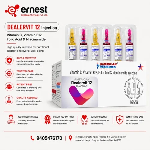 DEALERVIT 12 injection contains Vitamin C, vitamin B12, Folic Acid & Niacinamide Injection to treat or prevent vitamin deficiencies caused by poor diet, certain illnesses, or alcoholism.