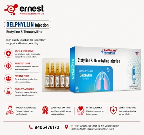 Delphyllin Injection contains a combination of Etofylline (169.4 mg) and Theophylline (50.6 mg), widely used in the treatment of respiratory conditions such as asthma, chronic bronchitis, and chronic obstructive pulmonary disease (COPD). This medicine works as a bronchodilator by relaxing the muscles of the airways and improving airflow, thereby making breathing easier. Buy Delphyllin Injection online or order Delphyllin Injection in bulk from a reliable source at the best market price.DosageDelphyllin Injection should be administered only under the supervision of a healthcare professional, either intramuscularly or intravenously. The dosage depends on the patient’s age, weight, severity of the respiratory condition, and overall health status. Always consult your doctor for the exact dosage and safe use before you buy Delphyllin Injection online.PrecautionsDriving: Avoid driving if you experience dizziness, headache, or tremors after use.Alcohol: Do not consume alcohol during treatment, as it may worsen side effects.Kidney: Patients with kidney disorders should use this medicine cautiously under medical advice.Pregnancy/Breastfeeding: Use only if prescribed by a doctor, as safety data is limited.Liver: Patients with liver impairment may require dose adjustments under medical supervision.Side EffectsSome common side effects of Delphyllin Injection may include:Nausea or vomitingHeadacheDizzinessStomach upsetTremors or restlessnessSeek medical attention immediately if you experience irregular heartbeat, severe chest pain, or seizures.WarningDo not self-administer Delphyllin Injection. It should always be given by a qualified healthcare provider. Overuse or misuse may lead to serious complications such as toxicity or severe side effects. Follow your doctor’s prescription carefully when you buy Delphyllin Injection online or order Delphyllin Injection in bulk.FAQWhat is Delphyllin Injection used for?It is used for the treatment of asthma, bronchitis, COPD, and other respiratory conditions involving breathing difficulty.Can I use Delphyllin Injection for quick asthma relief?Yes, it helps relieve breathing difficulties, but it should only be used under medical supervision.How should I store Delphyllin Injection?Store in a cool, dry place, away from direct sunlight. Keep out of reach of children.Is Delphyllin Injection safe for long-term use?Long-term use should only be under strict medical supervision to avoid the risk of side effects.Buy Delphyllin Injection online from us, as we are a bulk supplier of Delphyllin Injection with guaranteed quality and prompt delivery. You can also order Delphyllin Injection in bulk directly. For more information regarding the third party exporter of Delphyllin Injection, contact us today!