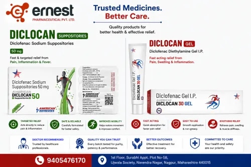 DICLOCAN Suppositories & Diclocan GelDiclocan is available in different topical/rectal formulations containing diclofenac.Diclocan Suppositories contain Diclofenac Sodium, while Diclocan Gel contains Diclofenac Diethylamine. Diclofenac is a non-steroidal anti-inflammatory drug (NSAID) that helps reduce pain and inflammation by decreasing the production of prostaglandins involved in inflammatory responses.Diclocan Suppositories provide systemic diclofenac through rectal administration, whereas Diclocan Gel is applied directly to the affected area for localized relief of musculoskeletal pain and inflammation.Available FormsProduct Active Ingredient Dosage Form RouteDiclocan Suppositories Diclofenac Sodium Suppository RectalDiclocan Gel Diclofenac Diethylamine Gel Topical / ExternalThe exact strength of each formulation should be confirmed from the individual product pack.Dosage / Directions for UseDiclocan SuppositoriesThe suppository is intended for rectal use only. Dose and frequency should be determined according to the patient's condition, age, total daily diclofenac exposure, and physician's instructions.Diclocan GelApply a suitable amount to the affected area and gently rub into the skin according to the product labeling or healthcare professional's directions. Wash hands after application, unless the hands themselves are being treated.Avoid exceeding the recommended frequency or duration.PrecautionsAvoid use in patients with a known hypersensitivity to diclofenac, aspirin, or other NSAIDs where contraindicated.Inform the doctor about previous stomach ulcers or gastrointestinal bleeding.Patients with heart, kidney, or liver conditions should seek medical advice.Do not combine different diclofenac or NSAID products without professional advice.Diclocan Gel should not be applied to broken, infected, or damaged skin.Keep the gel away from the eyes, mouth, and mucous membranes.Pregnancy requires medical assessment, particularly because NSAIDs have important restrictions later in pregnancy.Side EffectsSuppositoriesPossible effects include:NauseaIndigestionAbdominal discomfortDiarrheaHeadache or dizzinessRectal irritationGelPossible local reactions include:Skin rednessItchingDrynessRashBurning or irritation at the application siteSerious gastrointestinal, cardiovascular, kidney, or allergic reactions are possible with systemic diclofenac exposure.WarningDiclocan Suppositories are for rectal use and Diclocan Gel is for external use only.Do not swallow either formulation. Avoid applying the gel near the eyes or on damaged skin.Seek medical attention for severe allergic reactions, breathing difficulty, significant skin reactions, gastrointestinal bleeding, chest pain, or other serious symptoms.FAQ1. What are Diclocan Suppositories used for?They are used to help manage pain and inflammation where rectal diclofenac treatment is considered appropriate.2. What does Diclocan Gel contain?Diclocan Gel contains Diclofenac Diethylamine.3. What is the difference between Diclocan Suppositories and Gel?The suppositories contain Diclofenac Sodium and are administered rectally, while the gel contains Diclofenac Diethylamine and is applied externally for localized treatment.4. Where can Diclocan Gel be applied?It is applied to appropriate intact skin over the affected painful or inflamed area. Avoid wounds, eyes, and mucous membranes.5. Can Diclocan Gel and Suppositories be used together?Using more than one diclofenac-containing medicine can increase total NSAID exposure. Combination use should therefore be determined by a healthcare professional.6. What are common side effects of Diclocan Gel?Local effects such as redness, itching, dryness, rash, or irritation can occur.