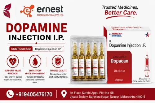 Dopacan Injection is a combination of Dopamine Injection IP. It is an essential drug which is frequently used in the treatment of severe hypotension (low blood pressure), shock, and several cardiac problems. It works by activating dopamine receptors, increasing blood flow to essential organs, improving cardiac output and stabilising blood pressure. Buy Dopacan Injection online or in quantity from a trusted source.Dose:Dopacan Injection is given as an injection (intravenous route) under the close supervision of a doctor at a hospital. The dose depends on the patient’s condition, body weight, and general health. Buy Dopacan Injection Online. Consult your doctor or health care professional for proper dose recommendations.WarningDriving Do not drive shortly after administration since dizziness or impaired awareness may be experienced.Alcohol: Do not drink alcohol while taking clozapine, as it can affect the efficiency of the medicine.Kidney: Patients with health problems associated with the kidney may need a dose change.Pregnancy/Breastfeeding: Only if directed by a doctor if pregnant or breast-feeding.Liver: Use in people with liver diseases under medical supervision with caution.Adverse effectsSome of the common adverse effects of Dopacan Injection:Irregular heartbeatvomiting or nauseaHead painPain in the chestShortness of breathAnxiety or agitation. . . CarefulDo not use this medicine by yourself. Too much or the wrong kind of use can cause serious heart problems, including arrhythmias or dangerously high blood pressure. Always follow your doctor’s advise whether you buy Dopacan Injection online or buy Dopacan Injection in bulk.Common QuestionsUses of Dopacan Injection What is Dopacan Injection used for? Dopacan is employed to address following conditions:It is mostly used in critical care to treat shock, severe hypotension and heart failure.Can I use Dopacan Injection for a long time?No, it is usually used for short term treatment in emergency conditions in hospital care.How do I store Dopacan Injection?Keep in a cold, dry location that is not exposed to direct sunlight. Keep away from minors.Can I use Dopacan Injection without a doctor’s prescription?No, this is a prescription drug given in a hospital and should only be given under a doctor’s supervision.We are the bulk suppliers of Dopacan Injection, and you can purchase Dopacan Injection online from us. Order Dopacan Injection directly here in bulk. Contact us immediately to learn more about the third party exporter of Dopacan Injection!