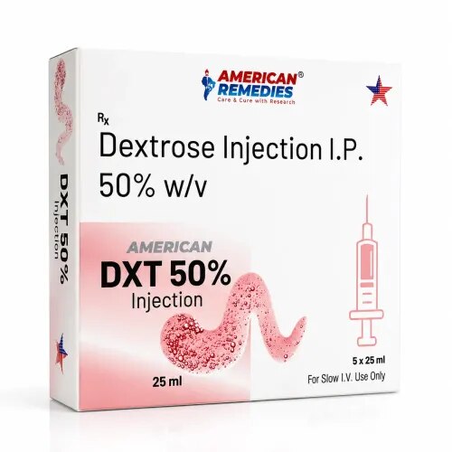 DXT 50% Injection – Dextrose 50% w/vDXT 50% Injection contains Dextrose 50% w/v, a concentrated glucose solution used for the rapid correction of severe hypoglycemia (very low blood glucose) when intravenous glucose is clinically required.Dextrose provides an immediate source of carbohydrate and energy. After intravenous administration, it rapidly increases circulating blood glucose. Because a 50% solution is highly concentrated and hypertonic, it requires careful administration and monitoring by qualified healthcare professionals.DosageThe dose of DXT 50% Injection depends on:Severity of hypoglycemiaPatient's age and body weightCurrent blood glucose levelClinical conditionResponse to treatmentIt is administered intravenously by a healthcare professional. Blood glucose should be monitored and further treatment adjusted according to the patient's response.