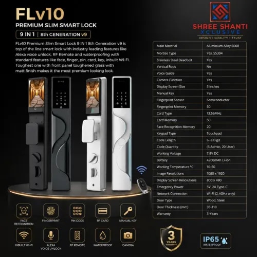 Premium Slim Smart Lock 9 IN 1 8th Generation v9 is top of the line smart lock with industry leading features like Alexa voice unlock, RF Remote and waterproofing with standard features like face, finger, pin, card, key, inbuilt Wi-Fi. Toughest one with front panel toughened glass with ma finish makes it the most premium looking lock.