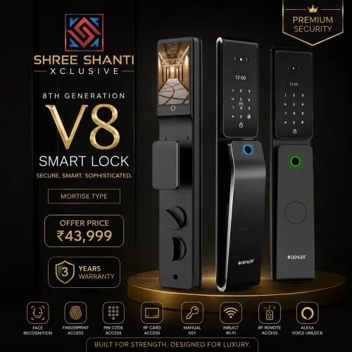 8th Generation v8 is top of the line smart lock with industry leading features like Alexa voice unlock, RF Remote and waterproofing with standard features like face, finger, pin, card, key, inbuilt Wi-Fi. Toughest one with front panel toughened glass with ma finish makes it the most premium looking lock.