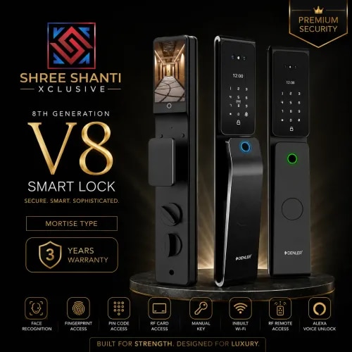 8th Generation v8 is top of the line smart lock with industry leading features like Alexa voice unlock, RF Remote and waterproofing with standard features like face, finger, pin, card, key, inbuilt Wi-Fi. Toughest one with front panel toughened glass with ma finish makes it the most premium looking lock.