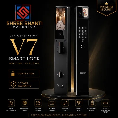 Premium Smart Lock 8 IN 1 Denler v7 is top of the line slim smart locks with industry leading features. v7 is  Precision CNC manufactured unit makes it the toughest one and i ts full black glossy finish matches with almost all types of door color. It has unique animated front display to welcome you.