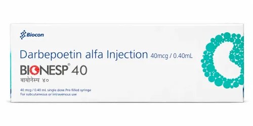 Bionesp 40 mcg Injection is an erythropoiesis-stimulating medicine used for the management of anaemia associated with chronic kidney disease (CKD) and chemotherapy-related anaemia. It helps stimulate bone marrow activity to increase red blood cell production and support appropriate haemoglobin levels.BenefitsAnaemia Associated with Chronic Kidney DiseaseReduced kidney function can interfere with the body's natural process of red blood cell formation. Bionesp 40 mcg Injection may help increase red blood cell production and manage symptoms related to renal anaemia, including fatigue, weakness and reduced energy.Chemotherapy-Related AnaemiaCertain chemotherapy treatments can lower haemoglobin and red blood cell levels. Bionesp 40 mcg may be prescribed for suitable patients to support red blood cell formation and manage chemotherapy-induced anaemia.How to UseBionesp 40 mcg Injection should be administered only as directed by a qualified healthcare professional. The dose and treatment frequency depend on haemoglobin levels, underlying medical condition and individual response to therapy.Possible Side EffectsReported side effects may include:High blood pressureSkin rashInjection-site painBreathlessnessCoughPeripheral oedemaLow blood pressure during certain proceduresConvulsionsThromboembolic eventsConsult your doctor if any side effect persists, worsens or causes concern.Important PrecautionsRegular monitoring of haemoglobin and blood pressure may be required during treatment. Inform your healthcare professional about existing medical conditions, history of blood clots and other medicines being used.