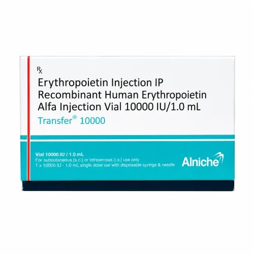 Transfer 10000 IU Injection is an erythropoiesis-stimulating medicine used to support the production of red blood cells in patients with certain forms of anaemia. It may be prescribed for chronic kidney disease (CKD)-associated anaemia, chemotherapy-related anaemia, and selected cases of anaemia associated with HIV treatment.The medicine acts on the bone marrow to promote red blood cell formation, helping healthcare professionals manage low haemoglobin levels and reduced oxygen-carrying capacity.BenefitsCKD-Associated AnaemiaAdvanced kidney disease can interfere with the body's normal regulation of red blood cell production. Transfer 10000 IU Injection helps stimulate erythropoiesis and may improve anaemia-related symptoms such as persistent fatigue, weakness and reduced energy, including in suitable dialysis patients.Chemotherapy-Related AnaemiaSome chemotherapy medicines can suppress red blood cell formation. Transfer 10000 IU may be prescribed for appropriate patients to support haemoglobin management and red blood cell production during cancer treatment.Anaemia Associated with HIV TreatmentIn selected patients receiving certain medicines for HIV, this injection may be considered for the management of treatment-associated anaemia. Its use depends on clinical evaluation and laboratory monitoring.How to UseTransfer 10000 IU Injection should be administered only according to a healthcare professional's instructions. The dose, route and treatment frequency are determined according to haemoglobin levels, underlying condition and individual response.Possible Side EffectsReported side effects may include:High blood pressureNausea or vomitingHeadache and dizzinessFever or chillsSkin rashJoint, bone or muscle painCoughDifficulty sleepingInjection-site irritationMouth inflammationChanges in blood glucose or blood cell countsVascular blockage or blood clotsSeek medical advice if any reaction persists, becomes severe or causes concern.Important PrecautionsRegular monitoring of haemoglobin and blood pressure may be required during therapy. Patients should inform their healthcare professional about cardiovascular conditions, previous blood clots and other medicines being taken.