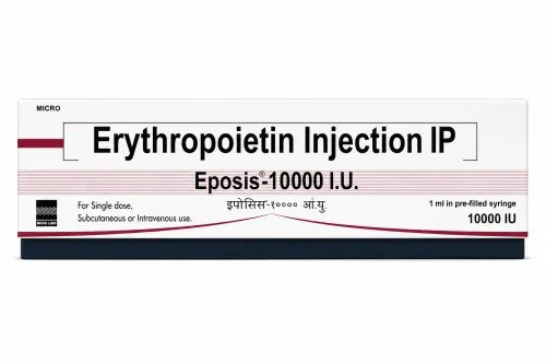 Eposis 10000IU Injection is a medicine that helps your bone marrow to produce more red blood cells. It is used to treat a type of anemia caused by kidney disease. It is also used to treat anemia caused by cancer chemotherapy and by taking medicines to treat HIV.Eposis 10000IU Injection is given by injection either under the skin or into a vein which will be decided by your doctor. Usually, the injections are given by a nurse or doctor. The dose depends on your body weight and the cause of your anemia. Iron supplements both before and during treatment may make this treatment more effective. Eposis 10000IU Injection needs to be stored in a fridge but used at room temperature.The most common side effects of taking this medicine include nausea, vomiting, fever, and increased blood pressure. It may also cause flu-like symptoms such as headache, tiredness, dizziness and aches and pains. These side effects are most common at the start of treatment but if they persist your doctor may be able to suggest ways of preventing or reducing them. Tell your doctor straight away if you get any serious side effects, including seizures (fits). Sometimes this medicine can cause serious blood clots that need urgent medical attention.Before using Eposis 10000IU Injection you should tell your doctor if you have uncontrolled high blood pressure, heart disease, or gout (disease of joint pain). You should also tell him/her what other medicines you are taking in case they affect this treatment. Your blood pressure should be checked often during this treatment by you or your doctor. You may also need other regular medical tests to be sure this medicine is not causing harmful effects. It is not known whether this medicine will harm an unborn baby. Tell your doctor if you are pregnant, plan to become pregnant, or are breastfeeding.BenefitsIn Treatment of Anemia due to chronic kidney diseaseEposis 10000IU Injection is a man-made protein that helps your bone marrow to produce more red blood cells. It is used to treat anemia which is caused by kidney disease in adults and children who are on dialysis. Anemia is a condition where your body does not have enough red blood cells to carry oxygen around your body. This medicine helps reduce weakness and tiredness that you may be experiencing due to anemia. The injection is usually given by a doctor after a dialysis treatment.In Treatment of Anemia due to cancer chemotherapyAnemia is a condition where your body does not have enough red blood cells to carry oxygen around your body. Eposis 10000IU Injection is a man-made protein that works by stimulating the bone marrow (soft tissue inside the bones) to produce more red blood cells. The natural human form of this protein may be reduced when you are having chemotherapy to treat some types of cancer. An injection of the medicine can reduce the need to have a blood transfusion. You may also be given iron supplements to make the treatment more effective. How to UseYour doctor or nurse will give you this medicine. Kindly do not self administer. Side EffectsMost side effects do not require any medical attention and disappear as your body adjusts to the medicine. Consult your doctor if they persist or if you’re worried about themCommon side effects of EposisHigh blood pressureNauseaVomitingFeverRashJoint painHeadacheInsomnia (difficulty in sleeping)ChillsCoughBone painMuscle spasmDizzinessVascular occlusionInjection site irritationStomatitis (Inflammation of the mouth)Weight lossDecreased white blood cell count (lymphocytes)Increased glucose level in bloodBlood clot in the blood vessels