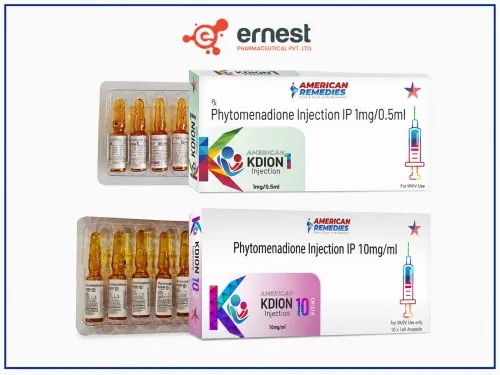 Kdion 1 Injection & Kdion 10 InjectionGeneric Name: Phytomenadione (Vitamin K1) Injection IPKdion 1 Injection and Kdion 10 Injection contain Phytomenadione (Vitamin K1), a medicine used for the prevention and treatment of certain Vitamin K deficiency-related bleeding disorders.Vitamin K1 is required by the liver for the production of several important blood-clotting factors, including factors II, VII, IX and X. When Vitamin K levels are inadequate, normal blood coagulation can be impaired and the risk of bleeding may increase.Phytomenadione may also be used in appropriate clinical situations to help reverse the anticoagulant effect of Vitamin K antagonists such as warfarin, according to the severity of anticoagulation and medical assessment.Available StrengthsProduct Active Ingredient Stated StrengthKdion 1 Injection Phytomenadione (Vitamin K1) 1 mgKdion 10 Injection Phytomenadione (Vitamin K1) 10 mgThe exact concentration, volume and presentation should be confirmed from the individual product pack.DosageThe dose of Kdion Injection depends on:Reason for Vitamin K treatmentSeverity of deficiency or bleedingPatient's age and body weightCoagulation test results such as INRConcurrent anticoagulant treatmentClinical responseThe appropriate dose and route should be determined by a healthcare professional. Injectable phytomenadione should be administered according to the specific product's approved route and instructions.PrecautionsInform the doctor about any previous allergy to phytomenadione or formulation ingredients.Coagulation parameters may require monitoring during treatment.Patients receiving warfarin or other anticoagulant treatment require careful medical supervision.Inform the healthcare professional about liver disease or other bleeding disorders.Tell the physician about all medicines being used.Pregnancy and breastfeeding require appropriate medical assessment.Injectable Vitamin K should not be used in excessive doses without medical indication.Side EffectsPossible side effects include:Injection-site painRedness or swellingFlushingDizzinessChanges in tasteLocal irritationRare but potentially serious hypersensitivity or anaphylactoid reactions can occur with injectable phytomenadione, particularly with certain parenteral routes/formulations.WarningKdion Injection should be administered under qualified medical supervision.Serious hypersensitivity reactions have been reported with parenteral Vitamin K1. The route and rate of administration must follow the specific product instructions.FAQ1. What does Kdion Injection contain?It contains Phytomenadione, also known as Vitamin K1.2. What strengths are available?The listed variants are Kdion 1 Injection and Kdion 10 Injection.3. What is Phytomenadione used for?It is used for the prevention or treatment of certain Vitamin K deficiency-related bleeding disorders and in selected cases of excessive anticoagulation caused by Vitamin K antagonists.4. How does Vitamin K1 help blood clotting?Vitamin K1 is necessary for the liver to produce several important coagulation factors, supporting normal blood clot formation.5. Can Kdion be used for warfarin reversal?Phytomenadione may be used in certain cases of excessive warfarin anticoagulation, but the dose and route depend on INR, bleeding severity and clinical circumstances.6. Can Kdion Injection cause an allergic reaction?Yes. Rare but serious hypersensitivity reactions can occur with injectable Vitamin K1, which is why appropriate medical supervision is important.