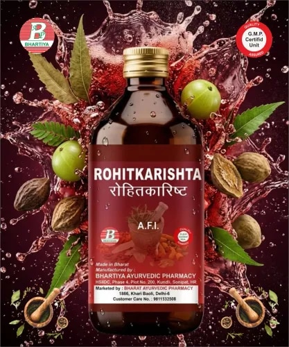 ROHITAKARISHTAProduct IdentificationGeneric Name: Rohitakarishta Type: Ayurvedic Polyherbal Fermented Formulation (Arishta)Primary Indication Area: Hepatobiliary disorders, splenic enlargement, abdominal tumors, indigestion, anorexia, and metabolic imbalance. Therapeutic Indications• Yakrit vriddhi (liver enlargement)• Pliha vriddhi (spleen enlargement)• Udara roga (abdominal disorders)• Agnimandya (poor digestive fire)• Ajirna (indigestion)• Loss of appetite (Aruchi)• Abdominal pain and heaviness• Chronic digestive disorders• Ama-related metabolic imbalance• Hepatosplenic congestionKey Benefits• Supports healthy liver and spleen function• Helps reduce abdominal enlargement and heaviness• Improves digestion and metabolic fire (Agni)• Reduces Ama accumulation• Supports detoxification and metabolism• Improves appetite and gastrointestinal function• Helps in chronic abdominal disorders• Acts as hepatoprotective digestive tonicFORMULA1. RohitakaBotanical Name: Tecomella undulataRasa: Tikta, KashayaGuna: Laghu, Ruksha Virya: UshnaVipaka: KatuMechanism of Action:• Strong hepatoprotective action• Supports spleen and liver enlargement reduction• Improves bile secretion and digestion• Helps reduce abdominal congestion• Detoxifies blood and liver channels2. PippaliBotanical Name: Piper longumRasa: KatuGuna: Laghu, Snigdha Virya: Ushna Vipaka: MadhuraMechanism of Action:• Enhances digestive fire (Deepana)• Improves bioavailability of herbs• Reduces Ama formation• Supports respiratory and metabolic balance3. PippalimulaBotanical Name: Piper longumRasa: KatuGuna: Laghu, Ruksha Virya: Ushna Vipaka: KatuMechanism of Action:• Strong digestive stimulant• Supports metabolism and toxin digestion• Improves gastrointestinal absorption• Reduces abdominal heaviness4. ChavyaBotanical Name: Piper retrofractumRasa: Katu Guna: Laghu, Tikshna Virya: UshnaVipaka: KatuMechanism of Action:• Stimulates digestive enzymes• Reduces abdominal gas and bloating• Supports Agni and metabolism• Helps digest Ama5. ChitrakaBotanical Name: Plumbago zeylanicaRasa: Katu Guna: Laghu, Tikshna, RukshaVirya: Ushna Vipaka: KatuMechanism of Action:• Powerful Deepana (digestive stimulant)• Enhances metabolism and digestion• Reduces chronic indigestion• Helps remove metabolic toxins6. SunthiBotanical Name: Zingiber officinaleRasa: KatuGuna: Laghu, SnigdhaVirya: Ushna Vipaka: MadhuraMechanism of Action:• Improves digestion and appetite• Reduces Ama accumulation• Supports liver metabolism• Relieves nausea and heaviness7. TvakBotanical Name: Cinnamomum verumRasa: Katu, Tikta Guna: Laghu, Ruksha, TikshnaVirya: Ushna Vipaka: KatuMechanism of Action:• Improves circulation and digestion• Reduces abdominal discomfort• Supports metabolic balance• Helps control Ama formation8. ElaBotanical Name: Elettaria cardamomumRasa: Madhura, Katu Guna: Laghu, RukshaVirya: Sheeta Vipaka: MadhuraMechanism of Action:• Improves appetite and digestion• Reduces nausea and bloating• Supports gastric comfort• Enhances digestive harmony9. TejpatraBotanical Name: Cinnamomum tamalaRasa: Katu, Tikta Guna: Laghu, Ruksha Virya: UshnaVipaka: KatuMechanism of Action:• Supports digestion and metabolism• Reduces gas and heaviness• Improves Agni• Helps in Ama digestion10. HaritakiBotanical Name: Terminalia chebulaRasa: Pancha Rasa (except Lavana) Guna: Laghu, Ruksha Virya: Ushna Vipaka: MadhuraMechanism of Action:• Mild laxative and detoxifier• Supports bowel cleansing• Reduces abdominal toxicity• Improves digestion and elimination11. BibhitakiBotanical Name: Terminalia bellirica Rasa: Kashaya Guna: Laghu, Ruksha Virya: Ushna Vipaka: MadhuraMechanism of Action:• Supports detoxification• Reduces Kapha accumulation• Improves metabolism• Helps liver cleansing12. AmalakiBotanical Name: Phyllanthus emblicaRasa: Pancha Rasa (predominantly Amla) Guna: Laghu, RukshaVirya: Sheeta Vipaka: MadhuraMechanism of Action:• Strong antioxidant and rejuvenative• Supports liver function• Improves digestion and immunity• Reduces oxidative stress13. GudaBotanical Name: JaggeryRasa: Madhura Guna: Guru, Snigdha Virya: Ushna Vipaka: MadhuraMechanism of Action:• Fermentation base• Provides energy substrate• Improves formulation stability• Enhances palatability14. DhatakiBotanical Name: Woodfordia fruticosaRasa: Kashaya Guna: Laghu, Ruksha Virya: Ushna Vipaka: KatuMechanism of Action:• Natural fermentation catalyst• Enhances extraction of phytochemicals• Improves bioavailability• Supports preservation of formulationDosageAdults:• 15–30 mL• Twice daily after meals• Dilute with equal quantity of waterCommon Usage Guidance• Traditionally used in liver and spleen disorders• Supports digestion and abdominal health• Helps reduce Ama and metabolic congestion• Usually prescribed for 4–8 weeks under supervision• Best taken after foodImportant Notes• Contains naturally fermented alcohol• Use cautiously in diabetes mellitus• Should be taken under Ayurvedic supervision• Avoid self-medication in severe liver/spleen disease• Store in a cool, dry place• Keep tightly closed after use• Keep out of reach of children