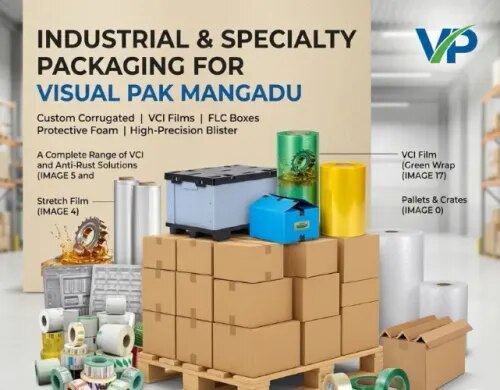 Industrial & Specialty Packaging SolutionsProtecting Value. Enhancing Visibility. Ensuring Safety.At Visual Pak (Mangadu, Chennai), we design and manufacture high-performance industrial and specialty packaging engineered to safeguard your products across complex global supply chains. From heavy-duty transit containers to custom precision wraps, we ensure your goods arrive in flawless condition.Our Product Portfolio📦 Heavy-Duty Containment & Box FormatsBuilt to handle bulk logistics, stacked warehousing, and high-impact transport.Standard Corrugated Boxes: Highly durable, multi-ply corrugated packaging boxes optimized for general industrial goods and shipping.Printed Corrugated Packaging: Custom brand-integrated outer cartons that combine tough transit protection with clear product visibility.Polypropylene (PP) Corrugated Boxes: Tough, water-resistant, and returnable plastic flute boxes designed for closed-loop industrial manufacturing routes.Wooden Packaging & Pallets: Heavy-duty structural wooden box packing and pallet systems for bulky machinery and heavy payloads.