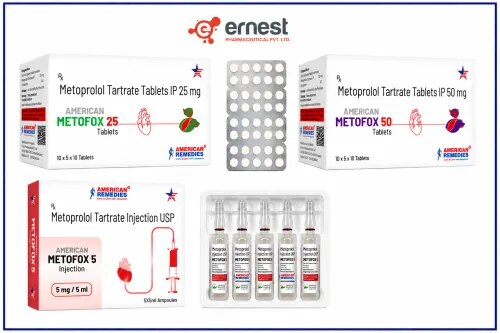 Metofox 25 Tablets, Metofox 50 Tablets & Metofox 5 InjectionGeneric Name: Metoprolol TartrateMetofox contains Metoprolol Tartrate, a selective beta-1 adrenergic receptor blocker (beta-blocker) used for the management of certain cardiovascular conditions.Metoprolol primarily reduces the effects of adrenaline on the heart, helping to slow heart rate, reduce cardiac workload, and lower blood pressure.Depending on the formulation and approved indication, metoprolol tartrate may be prescribed for hypertension, angina, certain tachyarrhythmias, and selected acute cardiovascular conditions.Available VariantsProduct	Active Ingredient	Strength/FormMetofox 25 Tablets	Metoprolol Tartrate	25 mg TabletMetofox 50 Tablets	Metoprolol Tartrate	50 mg TabletMetofox 5 Injection	Metoprolol Tartrate	5 mg InjectionThe exact labeled strength, concentration, and injection volume should be confirmed from the individual product packaging.DosageThe dosage of Metofox should be individualized by a healthcare professional according to:Condition being treatedBlood pressureHeart ratePatient's ageCardiovascular statusLiver functionOther medicines being usedMetofox Tablets are taken orally according to the prescribed schedule.Metofox 5 Injection should be administered intravenously by an appropriately trained healthcare professional with suitable cardiovascular monitoring.Metoprolol treatment should not be stopped abruptly, particularly in patients with ischemic heart disease.PrecautionsInform the doctor about a slow heart rate, heart block, heart failure, or low blood pressure.Tell the physician about asthma or other bronchospastic conditions.Monitor heart rate and blood pressure when clinically appropriate.Metoprolol can mask certain warning symptoms of hypoglycemia, particularly rapid heartbeat.Inform the healthcare professional about diabetes, peripheral vascular disease, or liver impairment.Tell the doctor about all other cardiovascular and blood-pressure medicines being used.Pregnancy and breastfeeding require medical assessment.Do not suddenly discontinue long-term beta-blocker treatment.Side EffectsPossible side effects include:TirednessDizzinessHeadacheSlow heartbeatLow blood pressureNauseaCold hands and feetShortness of breath in susceptible patientsSerious adverse effects can include marked bradycardia, heart block, severe hypotension, worsening heart failure, or bronchospasm.WarningMetofox should be used under appropriate medical supervision.Metoprolol can cause significant bradycardia and hypotension, particularly with injectable administration or when combined with certain other cardiovascular medicines.