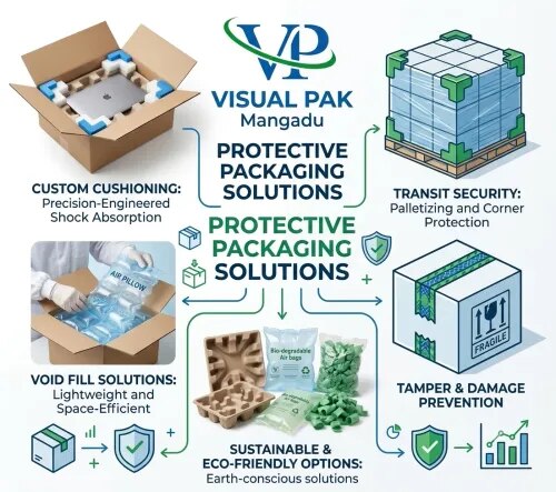 VISUAL PAK offers reliable protective packaging solutions in Mangadu, Chennai, designed to safeguard products from scratches, dents, moisture, dust, vibration, and handling damage during storage and transportation. Our packaging solutions are suitable for industrial products, machinery, components, electronics, automotive parts, and other valuable goods that require secure protection.We provide practical and efficient protective packaging solutions in Chennai to help businesses improve product safety and reduce transit-related damage. From cushioning and wrapping materials to specialized industrial packaging solutions, VISUAL PAK focuses on providing packaging options based on the product's size, shape, material, and transportation requirements.Why Choose VISUAL PAK for Protective Packaging?Quality protective packaging solutions for industrial and commercial productsHelps protect products against scratches, impact, dust, and moistureSuitable for storage, handling, and transportationPackaging solutions customized according to product requirementsReliable packaging support for businesses in Mangadu and ChennaiSolutions suitable for machinery, components, equipment, and fragile products