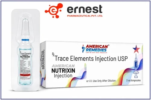 NUTRIXIN INJECTION contains Trace Elements which is used to maintain plasma levels of zinc, copper, manganese, selenium and chromium and to prevent depletion of endogenous stores of these trace elements and subsequent deficiency symptoms.