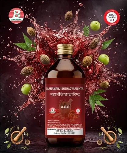 MAHAMANJISTHADYARISHTAProduct IdentificationGeneric Name: Mahamanjisthadyarishta (Variant Formulation)Type: Ayurvedic Polyherbal Fermented Preparation (Arishta/Kashayam-based fermentation tonic)Primary Indication Area: Skin disorders, blood impurities, chronic inflammation, lymphatic congestion, liver–skin axis disorders, metabolic toxins (Ama), and Vata–Pitta imbalance conditions.Therapeutic Indications • Chronic skin diseases (eczema, psoriasis, acne, dermatitis)• Blood impurity disorders (Rakta dushti)• Vatarakta (gout, inflammatory arthritis)• Chronic itching and pigmentation disorders• Liver dysfunction-related skin problems• Edema and inflammatory swelling• Chronic non-healing skin eruptions• Detoxification and metabolic imbalance• Lymphatic congestion and toxin accumulationKey Benefits Blood purification (Rakta shodhana) Skin health improvement (Twak prasadana) Reduces acne, eczema, psoriasis, itching Anti-inflammatory action (Shothahara) Helps in gout and joint pain (Vatarakta shamana) Detoxification of body (Ama pachana) Improves liver–skin connection Lymphatic cleansing (Srotoshodhana) Reduces chronic swelling and inflammation Supports healing of long-term skin disorders Formula Main Ingredients: Manjistha Nagarmotha Kutaj chhal Giloy Kuth Saunth Bharangi Choti kateli Vacha (Bach) Neem chhal Haldi Daruhaldi Baheda Harad Amla Patol patra Kutaki Murva Vidanga Vijaysar Shal chhalShatavari Banfsha Gokshura Indrajav Vasa ki jad Bhangra (Bhringraj) Devdaru Patha Khadir kastha Lal chandan Nishoth Varun chhal Karanj chhal Atis Indrayana Dhamasa Anantmool Pitpapda Dhataki Guda Jala 1. ManjisthaBotanical Name: Rubia cordifoliaRasa: Tikta, KashayaGuna: Laghu, RukshaVirya: UshnaVipaka: KatuMechanism of Action• Raktashodhaka (blood purifier)• Supports lymphatic drainage• Useful in chronic skin disorders• Anti-inflammatory action• Helps in detoxification of Ama2. NagarmothaBotanical Name: Cyperus rotundusRasa: Tikta, Katu, Kashaya Guna: Laghu, Ruksha Virya: Sheeta Vipaka: KatuMechanism of Action• Deepana-Pachana (improves digestion)• Reduces Ama formation• Useful in diarrhea and gut disorders• Anti-inflammatory effect• Supports metabolic balance3. Kutaj ChhalBotanical Name: Holarrhena antidysentericaRasa: Tikta, KashayaGuna: Laghu, Ruksha Virya: SheetaVipaka: KatuMechanism of Action• Strong Grahi (anti-diarrheal) action• Intestinal detoxification• Controls dysentery and gut infections• Supports intestinal mucosa healing• Antimicrobial activity4. GiloyBotanical Name: Tinospora cordifolia Rasa: Tikta, Kashaya Guna: Laghu, Snigdha Virya: UshnaVipaka: MadhuraMechanism of Action• Rasayana (rejuvenator)• Immunomodulatory action• Anti-inflammatory effect• Reduces chronic fever and toxins• Supports liver and skin health5. KuthBotanical Name: Saussurea costusRasa: Tikta, Katu Guna: Laghu, TikshnaVirya: Ushna Vipaka: KatuMechanism of Action• Anti-inflammatory and analgesic• Reduces Vata-Kapha disorders• Useful in joint pain and swelling• Improves circulation• Antimicrobial action6. SaunthBotanical Name: Zingiber officinaleRasa: KatuGuna: Laghu, Ruksha, TikshnaVirya: UshnaVipaka: MadhuraMechanism of Action• Deepana-Pachana (digestive stimulant)• Reduces Ama and inflammation• Improves circulation• Useful in Vata disorders• Analgesic and anti-inflammatory7. BharangiBotanical Name: Clerodendrum serratumRasa: Tikta, KatuGuna: Laghu, Ruksha Virya: Ushna Vipaka: KatuMechanism of Action• Shwasahara (respiratory support)• Anti-inflammatory action• Useful in cough and asthma• Reduces Kapha accumulation• Immunomodulatory effect8. Choti Kateli (Gokshura)Botanical Name: Tribulus terrestris Rasa: Madhura, Tikta Guna: Guru, SnigdhaVirya: Sheeta Vipaka: MadhuraMechanism of Action• Mutrala (diuretic action)• Supports urinary tract health• Anti-inflammatory effect• Improves kidney function support• Rejuvenating (Rasayana) action9. Vacha (Bach)Botanical Name: Acorus calamusRasa: Katu, TiktaGuna: Laghu, TikshnaVirya: UshnaVipaka: KatuMechanism of Action• Medhya (brain tonic)• Clears Srotas (microchannels)• Improves digestion and appetite• Anti-inflammatory effect• Useful in neurological imbalance10. Neem ChhalBotanical Name: Azadirachta indicaRasa: Tikta, Kashaya Guna: Laghu, Ruksha Virya: SheetaVipaka: KatuMechanism of Action• Strong Raktashodhaka (blood purifier)• Antibacterial and antifungal• Useful in skin disorders• Reduces inflammation and itching• Detoxifying action11. HaldiBotanical Name: Curcuma longaRasa: Tikta, KatuGuna: Laghu, RukshaVirya: UshnaVipaka: KatuMechanism of Action• Anti-inflammatory and wound healing• Raktashodhaka (blood purifier)• Antimicrobial action• Useful in skin disorders• Reduces swelling and pain12. DaruhaldiBotanical Name: Berberis aristataRasa: TiktaGuna: Laghu, RukshaVirya: Ushna Vipaka: KatuMechanism of Action• Strong antimicrobial action• Useful in chronic skin diseases• Liver protective effect• Blood purification• Anti-inflammatory activity13. BahedaBotanical Name: Terminalia belliricaRasa: Kashaya, MadhuraGuna: Laghu, Ruksha Virya: SheetaVipaka: MadhuraMechanism of Action• Rasayana (rejuvenator)• Digestive regulator• Detoxification support• Improves immunity• Anti-inflammatory action14. HaradBotanical Name: Terminalia chebulaRasa: Pancharasa (except Lavana)Guna: Laghu, Ruksha Virya: UshnaVipaka: MadhuraMechanism of Action• Strong detoxifier (Rechana)• Improves digestion• Removes Ama• Mild laxative effect• Tissue cleansing action15. AmlaBotanical Name: Emblica officinalisRasa: Amla Guna: Laghu, Ruksha Virya: SheetaVipaka: MadhuraMechanism of Action• Powerful antioxidant• Rasayana (rejuvenation)• Supports immunity• Pitta balance• Skin and hair nourishment16. Patol PatraBotanical Name: Trichosanthes dioicaRasa: Tikta Guna: Laghu, RukshaVirya: SheetaVipaka: KatuMechanism of Action• Liver detox support• Pitta shamak• Blood purification• Skin disease relief• Anti-inflammatory action17. KutakiBotanical Name: Picrorhiza kurroaRasa: Tikta Guna: Laghu, Ruksha Virya: Sheeta Vipaka: KatuMechanism of Action• Hepatoprotective• Improves bile secretion• Detoxifies liver• Anti-inflammatory• Supports skin health18. MurvaBotanical Name: Marsdenia tenacissima Rasa: Tikta, Kashaya Guna: Laghu, Ruksha Virya: Ushna Vipaka: KatuMechanism of Action• Blood purifier• Skin disorder management• Anti-inflammatory action• Supports tissue healing• Detoxifying effect19. VidangaBotanical Name: Embelia ribes• Rasa: Katu• Guna: Laghu, Ruksha• Virya: Ushna• Vipaka: KatuMechanism of Action• Krimighna (anti-parasitic)• Digestive stimulant• Detoxifies gut• Anti-microbial action• Reduces Ama20. VijaysarBotanical Name: Pterocarpus marsupium• Rasa: Kashaya• Guna: Laghu, Ruksha• Virya: Sheeta• Vipaka: KatuMechanism of Action• Metabolic regulator• Supports blood sugar balance• Anti-inflammatory• Tissue strengthening• Detox support21. Shal ChhalBotanical Name: Shorea robusta• Rasa: Kashaya• Guna: Guru, Ruksha• Virya: Sheeta• Vipaka: KatuMechanism of Action• Grahi (absorptive, anti-diarrheal)• Anti-inflammatory action• Supports tissue healing• Useful in skin disorders• Detoxifying effect22. ShatavariBotanical Name: Asparagus racemosus• Rasa: Madhura• Guna: Guru, Snigdha• Virya: Sheeta• Vipaka: MadhuraMechanism of Action• Rasayana (rejuvenator)• Hormonal balance support• Cooling and anti-ulcer action• Improves immunity• Tissue nourishment23. BanfshaBotanical Name: Viola odorata• Rasa: Tikta, Madhura• Guna: Laghu, Snigdha• Virya: Sheeta• Vipaka: MadhuraMechanism of Action• Respiratory support (Shwasahara)• Cooling anti-inflammatory action• Blood purification• Skin disease support• Mild expectorant24. GokshuraBotanical Name: Tribulus terrestris• Rasa: Madhura, Tikta• Guna: Guru, Snigdha• Virya: Sheeta• Vipaka: MadhuraMechanism of Action• Mutrala (diuretic)• Kidney and urinary support• Anti-inflammatory action• Rasayana effect• Supports reproductive health25. IndrajavBotanical Name: Holarrhena antidysenterica• Rasa: Tikta, Kashaya• Guna: Laghu, Ruksha• Virya: Sheeta• Vipaka: KatuMechanism of Action• Strong antidiarrheal action• Gut detoxification• Controls intestinal infections• Grahi effect• Anti-microbial activity26. Vasa Ki JadBotanical Name: Adhatoda vasica• Rasa: Tikta, Katu• Guna: Laghu, Ruksha• Virya: Sheeta• Vipaka: KatuMechanism of Action• Shwasahara (respiratory relief)• Expectorant action• Anti-inflammatory• Bronchodilator support• Kapha reduction27. Bhangra (Bhringraj)Botanical Name: Eclipta alba• Rasa: Tikta, Katu• Guna: Laghu, Ruksha• Virya: Ushna• Vipaka: KatuMechanism of Action• Liver detox support• Hair and skin nourishment• Anti-inflammatory• Blood purification• Rasayana effect28. DevdaruBotanical Name: Cedrus deodara• Rasa: Tikta, Katu• Guna: Laghu, Ruksha• Virya: Ushna• Vipaka: KatuMechanism of Action• Anti-inflammatory action• Pain relief in joints• Reduces swelling• Improves circulation• Vata-Kapha pacification29. PathaBotanical Name: Cissampelos pareira• Rasa: Tikta, Kashaya• Guna: Laghu, Ruksha• Virya: Ushna• Vipaka: KatuMechanism of Action• Jwarahara (fever reducing)• Anti-inflammatory• Gut cleansing• Skin disorder support• Detoxification30. Khadir KasthaBotanical Name: Acacia catechu• Rasa: Kashaya• Guna: Laghu, Ruksha• Virya: Sheeta• Vipaka: KatuMechanism of Action• Strong Raktashodhaka• Skin disease management• Antimicrobial action• Wound healing• Reduces itching31. Lal ChandanBotanical Name: Pterocarpus santalinus• Rasa: Tikta, Kashaya• Guna: Laghu, Ruksha• Virya: Sheeta• Vipaka: KatuMechanism of Action• Cooling anti-inflammatory action• Blood purification• Skin healing support• Reduces burning sensation• Pitta pacifying effect32. NishothBotanical Name: Operculina turpethum• Rasa: Katu, Tikta• Guna: Laghu, Ruksha, Tikshna• Virya: Ushna• Vipaka: KatuMechanism of Action• Strong Rechana (purgative)• Deep detoxification• Removes Ama and toxins• Useful in constipation• Cleanses channels (Srotoshodhana)33. Varun ChhalBotanical Name: Crataeva nurvala• Rasa: Tikta, Kashaya• Guna: Laghu, Ruksha• Virya: Ushna• Vipaka: KatuMechanism of Action• Mutravirechaka (urinary detox)• Useful in kidney stones• Reduces urinary inflammation• Anti-inflammatory action• Cleans urinary channels34. Karanj ChhalBotanical Name: Pongamia pinnata• Rasa: Tikta, Katu• Guna: Laghu, Ruksha• Virya: Ushna• Vipaka: KatuMechanism of Action• Antimicrobial action• Skin disease management• Anti-inflammatory effect• Wound healing support• Raktashodhaka35. AtisBotanical Name: Aconitum heterophyllum• Rasa: Tikta, Kashaya• Guna: Laghu, Ruksha• Virya: Sheeta• Vipaka: KatuMechanism of Action• Jwarahara (fever reducing)• Digestive regulator• Anti-inflammatory• Antidiarrheal effect• Strengthens digestion36. IndrayanaBotanical Name: Citrullus colocynthis• Rasa: Tikta• Guna: Laghu, Ruksha, Tikshna• Virya: Ushna• Vipaka: KatuMechanism of Action• Strong purgative action• Deep detoxification• Removes Ama• Cleans intestinal tract• Used in severe constipation37. DhamasaBotanical Name: Fagonia cretica• Rasa: Tikta, Kashaya• Guna: Laghu, Ruksha• Virya: Sheeta• Vipaka: KatuMechanism of Action• Blood purification• Skin disease support• Anti-inflammatory action• Detoxifying effect• Wound healing support38. AnantmoolBotanical Name: Hemidesmus indicus• Rasa: Madhura, Tikta• Guna: Guru, Snigdha• Virya: Sheeta• Vipaka: MadhuraMechanism of Action• Cooling blood purifier• Skin disease management• Anti-inflammatory action• Detoxifies body• Supports urinary health39. PitpapdaBotanical Name: Fumaria indica• Rasa: Tikta• Guna: Laghu, Ruksha• Virya: Sheeta• Vipaka: KatuMechanism of Action• Liver detox support• Pitta balance• Blood purification• Skin disease relief• Improves bile flow40. DhatakiBotanical Name: Woodfordia fruticosa• Rasa: Kashaya• Guna: Laghu, Ruksha• Virya: Ushna• Vipaka: KatuMechanism of Action• Natural fermentation catalyst (Arishta)• Supports bioavailability of formulation• Mild antimicrobial action• Aids gut flora balance• Enhances potency of preparation41. GudaBotanical Name: Saccharum officinarum (processed jaggery)• Rasa: Madhura• Guna: Guru, Snigdha• Virya: Ushna• Vipaka: MadhuraMechanism of Action• Fermentation base• Acts as Yogavahi (carrier)• Improves bioavailability• Mild detox effect• Energy support