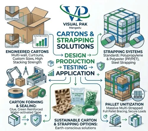 Heavy-Duty Cartons & Industrial Strapping Solutions in Tirupati – VISUAL PAKProtecting your high-value cargo during storage and long-distance transit requires robust, reliable, and precision-engineered outer packaging. VISUAL PAK delivers premium Corrugated Cartons and Strapping Systems designed to safeguard goods across industrial hubs in and around Tirupati.Whether operating out of Renigunta, Gajulamandyam, Karakambadi Road, or central Tirupati, our industrial packaging solutions ensure zero-damage deliveries, maximum stacking strength, and complete pallet stability.