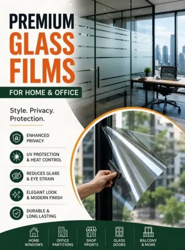 Privacy & decorative glass filmsFrosted and translucent designsSunlight & glare controlUV protection optionsModern patterns and finishesSuitable for windows, partitions, doors & cabinsEasy to maintain and cleanProfessional supply & installation by Deco Impex