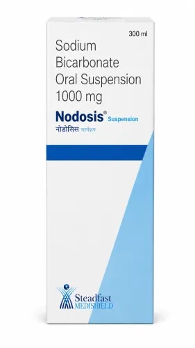 Nodosis Suspension 300 ml belongs to a group of medicines called alkalinising agents used to correct the acid-alkaline balance in the body. Nodosis Suspension 300 ml is used to treat acid indigestion, heartburn, sour stomach, stomach upset, metabolic acidosis, severe diarrhoea and poisoning. Nodosis Suspension 300 ml may also be used to treat patients who have taken too many tricyclic antidepressants only after other resuscitation methods have been attempted.Nodosis Suspension 300 ml contains ‘Sodium bicarbonate’, which helps in neutralising the acidic pH in the stomach. Thereby, Nodosis Suspension 300 ml helps to provide relief from acidity. Nodosis Suspension 300 ml helps in reducing the amount of acid in the body after a heart attack in patients who have too much potassium in their blood or too much acid in their body. Nodosis Suspension 300 ml can also be prescribed to make the blood or urine less acidic in certain conditions.Take Nodosis Suspension 300 ml as prescribed. You are advised to take Nodosis Suspension 300 ml for as long as your doctor has prescribed it for you depending on your medical condition. In some cases, you may experience certain common side-effects such as dry mouth, urinating more than usual, and increased thirst. Most of these side effects do not require medical attention and will resolve gradually over time. However, you are advised to talk to your doctor if you experience these side effects persistently.BenefitsNodosis Suspension 300 ml belongs to a group of medicines called alkalinising agents used to correct the acid-alkaline balance in the body. Nodosis Suspension 300 ml is used to treat acid indigestion, heartburn, sour stomach, stomach upset, metabolic acidosis, severe diarrhoea, poisoning and drug intoxications. Nodosis Suspension 300 ml can also be prescribed to make the blood or urine less acidic in certain conditions. Nodosis Suspension 300 ml helps in neutralising the acidic pH in the stomach. Thereby, Nodosis Suspension 300 ml helps to provide relief from acidity. Nodosis Suspension 300 ml helps in reducing the amount of acid in the body after a heart attack in patients who have too much potassium in their blood or too much acid in their body. Nodosis Suspension 300 ml may also be used to treat patients who have taken too many tricyclic antidepressants only after other resuscitation methods have been attempted.How to UseTake Nodosis Suspension 300 ml 1-2hours prior to food. Depending on your medical condition, your doctor will decide how long you need to take Nodosis Suspension 300 ml.Tablet: Swallow Nodosis Suspension 300 ml as a whole with a glass of water; do not chew or crush the tablet. Liquid: Take the prescribed dose by mouth using the measuring cup provided by the pack; shake the pack well before use.Injection: A healthcare professional will administer the injection form of Nodosis Suspension 300 ml. Please do not self-administer.Powder for oral solution: The powder should be mixed in 1-2 tablespoons of water and swallowed. SpecificationTake Nodosis Suspension 300 ml 1-2hours prior to food. Depending on your medical condition, your doctor will decide how long you need to take Nodosis Suspension 300 ml.Tablet: Swallow Nodosis Suspension 300 ml as a whole with a glass of water; do not chew or crush the tablet. Liquid: Take the prescribed dose by mouth using the measuring cup provided by the pack; shake the pack well before use.Injection: A healthcare professional will administer the injection form of Nodosis Suspension 300 ml. Please do not self-administer.Powder for oral solution: The powder should be mixed in 1-2 tablespoons of water and swallowed. Side Effects Dry mouthUrination more than usualIncreased thirst