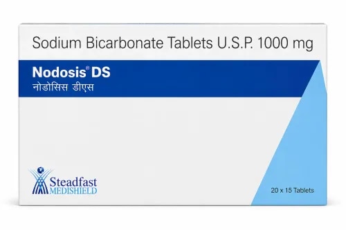 Nodosis - DS Tablet is used as an alkalinizing agent in the treatment of metabolic acidosis. Useful in metabolic acidosis, gastric, systemic, and urinary alkalinization, severe diarrhea, and chemical phlebitis. Benefits - Sodium Bicarbonate increases plasma bicarbonate- Buffers excess hydrogen ion concentration- Raises blood pH- Reverses the clinical manifestations of acidosis- Concomitant therapy decreases elimination of Amphetamine, dextroamphetamine, ephedrine, flecainide, mecamylamine, methamphetamine, pseudoephedrine, quinidine, thus increasing their therapeutic effectsHow to UseUsual Adult Dose for Moderate metabolic acidosis is 325 to 2000 mg orally 1 to 4 times a day or as directed by the physician SpecificationUsual Adult Dose for Moderate metabolic acidosis is 325 to 2000 mg orally 1 to 4 times a day or as directed by the physician