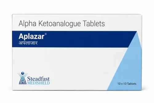 Aplazar Tablet is a nutritional supplement used in the treatment of chronic kidney disease. It reduces urea levels in the blood and helps prevent the progression of kidney disease. This way it delays the risk of undergoing long-term dialysis.Aplazar Tablet is to be taken by mouth with or without food. Take it in the exact dose and duration as advised by the doctor. Taking it along with a low-protein diet may help get the best of the medicine. Ensure that you maintain adequate calorie intake during treatment. While you are taking this medicine, your doctor may advise regular monitoring of serum calcium levels.This medicine is usually well tolerated with no common side effects. Ensure regular doctor consultation to evaluate medicine effects on your body. Before taking Aplazar Tablet, it is important to tell your doctor if you are taking any other medicines for other health conditions. Benefits1. In Treatment of Chronic kidney disease:Chronic kidney disease (CKD) refers to the loss of normal kidney function over a long span of time. CKD progresses gradually over a few years but may become permanent if left untreated. Aplazar Tablet is a combination of essential amino acids which when combined with a low or very low protein diet slows down the progression of CKD and improves the quality of life. It also helps in the elimination of toxic materials such as urea from the kidneys and improves kidney function. However, you must follow your doctor’s instructions carefully and take it as advised to get maximum benefit. How to UseTake this medicine in the dose and duration as advised by your doctor.Side EffectsMost side effects do not require any medical attention and disappear as your body adjusts to the medicine. Consult your doctor if they persist or if you’re worried about them.Common side effects of Aplazar:- No common side effects seen