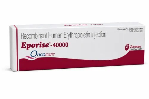 Eporise 40000 Injection is a medicine that helps your bone marrow to produce more red blood cells. It is used to treat a type of anemia caused by kidney disease. It is also used to treat anemia caused by cancer chemotherapy and by taking medicines to treat HIV.Eporise 40000 Injection is given by injection either under the skin or into a vein which will be decided by your doctor. Usually, the injections are given by a nurse or doctor. The dose depends on your body weight and the cause of your anemia. Iron supplements both before and during treatment may make this treatment more effective. Eporise 40000 Injection needs to be stored in a fridge but used at room temperature.The most common side effects of taking this medicine include nausea, vomiting, fever, and increased blood pressure. It may also cause flu-like symptoms such as headache, tiredness, dizziness and aches and pains. These side effects are most common at the start of treatment but if they persist your doctor may be able to suggest ways of preventing or reducing them. Tell your doctor straight away if you get any serious side effects, including seizures (fits). Sometimes this medicine can cause serious blood clots that need urgent medical attention.Benefits1. In Treatment of Anemia due to chronic kidney disease:Eporise 40000 Injection is a man-made protein that helps your bone marrow to produce more red blood cells. It is used to treat anemia which is caused by kidney disease in adults and children who are on dialysis. Anemia is a condition where your body does not have enough red blood cells to carry oxygen around your body. This medicine helps reduce weakness and tiredness that you may be experiencing due to anemia. The injection is usually given by a doctor after a dialysis treatment.2. In Treatment of Anemia due to cancer chemotherapy:Anemia is a condition where your body does not have enough red blood cells to carry oxygen around your body. Eporise 40000 Injection is a man-made protein that works by stimulating the bone marrow (soft tissue inside the bones) to produce more red blood cells. The natural human form of this protein may be reduced when you are having chemotherapy to treat some types of cancer. An injection of the medicine can reduce the need to have a blood transfusion. You may also be given iron supplements to make the treatment more effective.How to UseYour doctor or nurse will give you this medicine. Kindly do not self administer. SpecificationYour doctor or nurse will give you this medicine. Kindly do not self administer.Most side effects do not require any medical attention and disappear as your body adjusts to the medicine. Consult your doctor if they persist or if you’re worried about them.Common side effects of Eporise:- High blood pressure- Nausea- Fever- Vomiting- Flu-like symptoms