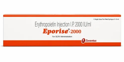 Eporise 2000 Injection is an erythropoietin-based medicine used for the management of certain types of anaemia associated with chronic kidney disease (CKD) and cancer chemotherapy. It contains Erythropoietin Injection I.P. 2000 IU/ml, which supports the production of red blood cells by stimulating the bone marrow.The medicine may be administered subcutaneously (under the skin) or intravenously (into a vein) as determined by the treating healthcare professional. The dosage and treatment schedule depend on factors such as the patient's condition, body weight, haemoglobin level and response to therapy.Iron status may also be assessed during treatment, as adequate iron availability is important for effective red blood cell production. Eporise 2000 Injection should be used strictly under medical supervision and should not be self-administered unless specifically instructed and trained by a healthcare professional.Therapeutic Uses1. Anaemia Associated with Chronic Kidney DiseaseChronic kidney disease can reduce the body's natural production of erythropoietin, a hormone involved in red blood cell formation. Reduced erythropoietin levels may contribute to renal anaemia, causing symptoms such as weakness, tiredness and reduced exercise tolerance.Eporise 2000 Injection acts as an erythropoiesis-stimulating therapy, helping the bone marrow produce additional red blood cells. It may be prescribed for appropriate CKD patients, including some patients undergoing dialysis, according to their clinical requirements.2. Chemotherapy-Induced AnaemiaCertain chemotherapy treatments can suppress bone marrow activity and lower red blood cell levels. Eporise 2000 may be prescribed in selected patients with chemotherapy-associated anaemia to stimulate red blood cell production and support haemoglobin management.Treatment decisions are based on the patient's haemoglobin level, type of chemotherapy, overall medical condition and assessment by the treating specialist.3. Anaemia Associated with Certain HIV TreatmentsErythropoietin therapy may also be used in selected patients who develop anaemia while receiving certain medicines for HIV. Its use in such cases should be determined by a qualified healthcare professional after evaluating the cause and severity of anaemia.How Eporise 2000 WorksEporise contains erythropoietin, which acts on erythroid precursor cells in the bone marrow and promotes their development into mature red blood cells. Increasing red blood cell production can help improve haemoglobin levels in appropriately selected patients.AdministrationEporise 2000 Injection may be administered through:Subcutaneous (SC) injectionIntravenous (IV) injectionThe dose, route, frequency and duration should be determined by the treating doctor. Regular monitoring of haemoglobin and other relevant blood parameters may be required during therapy.Do not self-administer this prescription injection unless specifically instructed by a healthcare professional.Possible Side EffectsSome patients may experience:High blood pressure (hypertension)NauseaVomitingFeverHeadacheDizzinessTirednessFlu-like symptomsMuscle or body achesInjection-site reactionsMore serious reactions, including seizures or blood-clot-related complications, require prompt medical assessment. Patients should contact their healthcare professional if unusual or persistent symptoms occur.Storage & HandlingEporise 2000 Injection should be stored according to the conditions stated on the product label and prescribing information. Appropriate refrigerated storage and handling may be required. Do not use the product if the packaging is damaged or if storage requirements have not been maintained.Important Safety InformationEporise 2000 is a prescription medicine and should be used under qualified medical supervision. Haemoglobin levels, blood pressure and other relevant clinical parameters may need regular monitoring during treatment. The treating physician should determine whether iron supplementation or other supportive therapy is required.