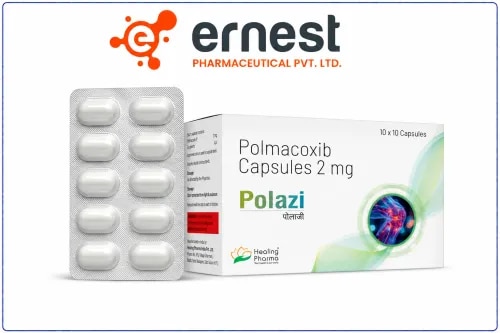About Polazi CapsulesPolazi Capsules contain Polmacoxib 2 mg, a non-steroidal anti-inflammatory drug used for the management of pain and inflammation associated with osteoarthritis, subject to approved local labeling.Therapeutic Profile: Helps reduce joint painHelps control inflammationMay improve movement affected by osteoarthritis symptomsDesigned for systemic anti-inflammatory and analgesic actionMechanism:- Polmacoxib works by modulating cyclooxygenase (COX) pathways, thereby reducing the formation of prostaglandins involved in pain and inflammation.Before UsingExtra medical consideration is required in patients with:Cardiovascular disease or risk factorsKidney or liver impairmentPrevious gastrointestinal ulcer or bleedingNSAID hypersensitivityConcurrent anticoagulant or other NSAID therapyPolazi CapsulesActive Ingredient: Polmacoxib 2 mgDosage Form: CapsuleDrug Class: NSAID / COX-2–preferential anti-inflammatory medicine