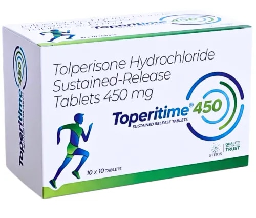 **Tolperisone hydrochloride** is a centrally acting muscle relaxant used to help reduce excessive muscle tone, stiffness, and muscle spasms associated with certain musculoskeletal and neurological conditions. Compared with some other centrally acting muscle relaxants, tolperisone is generally considered to have relatively limited sedative effects, although individual responses can vary.**TOPERITME 450** is formulated as a sustained-release tablet. This formulation is designed to release the active ingredient gradually, helping maintain its therapeutic effect over the prescribed dosing period.What TOPERITME 450 May Be Used ForA healthcare professional may prescribe **TOPERITME 450** for conditions involving painful muscle tightness or spasms, including:* Painful muscle spasms* Selected musculoskeletal disorders* Neck and shoulder muscle stiffness* Lower back discomfort associated with muscle spasm* Cervical or lumbar spondylosis accompanied by muscle tightness* Muscle spasms associated with injury or trauma* Increased muscle tone associated with certain neurological conditions, when clinically appropriateThe decision to use tolperisone should be based on the patient's symptoms, diagnosis, and medical assessment.Why TOPERITME 450 May Be PreferredTOPERITME 450 may offer several practical advantages when prescribed appropriately:* Sustained-release formulation for gradual drug delivery* Helps reduce muscle spasms and excessive muscle tension* May support improved movement when muscle stiffness is limiting mobility* Can help relieve discomfort associated with tight muscles* Convenient oral tablet formulation* Intended for use according to an individualized medical treatment planPatients should always follow the dosage and duration recommended by their healthcare provider.Mechanism of Action**Tolperisone hydrochloride** acts primarily through the central nervous system to reduce abnormal or excessive muscle activity. By modulating nerve signals involved in muscle tone and reflex activity, it can help decrease muscle stiffness and spasms.The sustained-release formulation of **TOPERITME 450** is designed to release tolperisone progressively rather than all at once. This provides controlled delivery throughout the prescribed dosing interval. Dosage and AdministrationThe appropriate dose of **TOPERITME 450** should be determined by a qualified healthcare professional according to the patient's condition and treatment requirements.Important administration instructions include:* Take the medicine exactly as prescribed.* Swallow the tablet whole with water.* Do not crush, chew, or split the sustained-release tablet unless specifically instructed by your doctor.* Maintain the prescribed dosing schedule.* If you forget a dose, seek guidance from your healthcare provider rather than taking an extra dose independently. Possible Side EffectsSome individuals may experience side effects while taking **TOPERITME 450**. Potential reactions include:* Nausea* Dizziness* Headache* Weakness* Stomach discomfort* Allergic reactionsNot everyone experiences side effects, and their severity can differ between individuals.If serious allergic symptoms such as facial or throat swelling, breathing difficulty, or a severe unusual reaction occur, seek immediate medical attention.Precautions to Discuss With Your DoctorBefore starting **TOPERITME 450**, inform your healthcare professional if you have:* Liver disease* Kidney disease* A previous history of drug allergies* Pregnancy or plans to become pregnant* Breastfeeding* Any other ongoing medical condition* Current use of prescription or over-the-counter medicinesProviding a complete medication history can help your healthcare provider assess potential interactions and determine whether tolperisone is appropriate. Storage GuidelinesFor proper storage of **TOPERITME 450**:* Keep the medicine in a cool and dry place.* Protect it from excessive moisture.* Keep the tablets away from direct sunlight.* Store according to the temperature instructions printed on the packaging.* Keep the medicine out of children's reach.* Do not use tablets after their stated expiry date.Why Choose TOPERITME 450?**TOPERITME 450** contains tolperisone hydrochloride in a sustained-release formulation intended to provide controlled drug delivery. It may be selected by healthcare professionals for suitable patients experiencing muscle spasms, increased muscle tone, or stiffness associated with certain musculoskeletal conditions.Treatment should be individualized, and the medicine should be taken only according to professional medical advice. Frequently Asked QuestionsWhat is TOPERITME 450 prescribed for?TOPERITME 450 may be prescribed to help manage painful muscle spasms, stiffness, and increased muscle tone associated with selected musculoskeletal or neurological conditions.How should I take TOPERITME 450?Take TOPERITME 450 exactly as prescribed and swallow the sustained-release tablet whole with water. Do not crush or chew it unless your healthcare professional specifically instructs you to do so.Can I stop TOPERITME 450 when my symptoms improve?Do not discontinue or modify your treatment without consulting your healthcare provider. The recommended treatment duration depends on your condition and individual response.Is TOPERITME 450 safe during pregnancy?Use during pregnancy should only be considered after consultation with a qualified healthcare professional, who can assess the potential benefits and risks for the individual patient.Can TOPERITME 450 cause drowsiness?Some individuals may experience dizziness or drowsiness, while others may not. If you experience impaired alertness, avoid driving or operating machinery until you know how the medicine affects you.