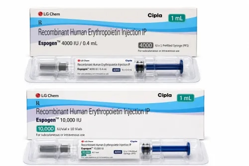 Espogen Injection is a Recombinant Human Erythropoietin (EPO) Injection available in 4000 IU and 10000 IU strengths. It belongs to a group of medicines known as erythropoiesis-stimulating agents (ESAs), which support the formation of red blood cells in the bone marrow.Espogen may be prescribed for the management of anemia associated with chronic kidney disease (CKD) and anemia occurring during certain cancer chemotherapy treatments. By stimulating red blood cell production, erythropoietin therapy helps increase hemoglobin levels and may reduce anemia-related symptoms such as tiredness, weakness and reduced energy.The product is intended for subcutaneous (SC) or intravenous (IV) administration. The appropriate strength, dose, route and treatment schedule are determined by the treating physician according to the patient's hemoglobin level, clinical condition and response to therapy.Available Strengths & PresentationsEspogen 4000 IU InjectionGeneric Name: Recombinant Human ErythropoietinStrength: 4000 IU/0.4 mLPresentation: Pre-Filled Syringe (PFS)Route: Subcutaneous or Intravenous useEspogen 10000 IU InjectionGeneric Name: Recombinant Human ErythropoietinStrength: 10000 IUPresentation shown: 1 mL vialPack shown: 10 vialsRoute: Subcutaneous or Intravenous useUses of Espogen Injection1. Anemia Associated with Chronic Kidney DiseaseThe kidneys normally produce erythropoietin, a hormone that signals the bone marrow to manufacture red blood cells. In chronic kidney disease, natural erythropoietin production can decrease, contributing to low hemoglobin and anemia.Espogen provides recombinant erythropoietin activity and stimulates the bone marrow to increase red blood cell production. It may therefore be used as part of the medical management of CKD-related or renal anemia, including appropriate patients undergoing dialysis.2. Chemotherapy-Induced AnemiaCertain chemotherapy treatments can suppress bone marrow activity and reduce red blood cell production. This may result in chemotherapy-induced anemia, which can contribute to fatigue, weakness and reduced physical capacity.In appropriately selected patients, Espogen may be prescribed to stimulate erythropoiesis and support improvement in hemoglobin levels during chemotherapy-associated anemia.How Espogen WorksEspogen contains recombinant human erythropoietin, which acts similarly to naturally occurring erythropoietin in the body. It binds to erythropoietin receptors on precursor cells in the bone marrow and promotes their development into mature red blood cells.The response to treatment is monitored through laboratory tests, particularly hemoglobin levels and blood counts.How to UseEspogen Injection should be administered only under the direction of a qualified healthcare professional. Depending on the clinical situation, it may be administered:Subcutaneously (under the skin)Intravenously (into a vein)The required dose should not be selected solely on the basis of the available 4000 IU or 10000 IU strength. The treating physician determines the appropriate dose and frequency based on individual clinical parameters.Possible Side EffectsSide effects associated with erythropoietin treatment can include:Increased blood pressureHeadacheNausea or vomitingFeverDizzinessBody or muscle achesFlu-like symptomsInjection-site reactionsSerious symptoms, including seizures, severe allergic reactions or signs suggestive of a blood clot, require urgent medical evaluation.