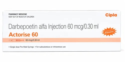 Actorise 60 Injection contains Darbepoetin Alfa 60 mcg/0.30 mL, an erythropoiesis-stimulating agent (ESA) used for the management of certain types of anemia. It is commonly prescribed for anemia associated with chronic kidney disease (CKD) and may also be used for chemotherapy-induced anemia in appropriate cancer patients.Darbepoetin alfa acts on the bone marrow to promote the formation of red blood cells. Increasing red blood cell production can help improve hemoglobin levels and reduce anemia-related symptoms such as fatigue, weakness and reduced physical capacity.Actorise 60 is supplied as a single-dose pre-filled syringe and is intended for subcutaneous or intravenous administration. Treatment should be initiated and monitored by a healthcare professional because the required dose varies according to hemoglobin level, underlying condition and individual response.Uses of Actorise 60 Injection1. Chronic Kidney Disease-Associated AnemiaPeople with chronic kidney disease may produce insufficient amounts of natural erythropoietin, a hormone required for normal red blood cell formation. This can contribute to renal anemia and reduced hemoglobin levels.Actorise 60 provides darbepoetin alfa activity that stimulates erythropoiesis in the bone marrow. Under appropriate medical supervision, it can be used to help manage anemia associated with CKD.2. Chemotherapy-Induced AnemiaSome chemotherapy medicines can suppress bone marrow activity and lower red blood cell counts. Actorise 60 mcg Injection may be prescribed to selected patients receiving chemotherapy when an erythropoiesis-stimulating treatment is clinically appropriate.How Actorise 60 WorksDarbepoetin alfa is a laboratory-produced erythropoietic protein designed to stimulate red blood cell formation. It activates erythropoietin receptors on precursor cells within the bone marrow, supporting their development into mature red blood cells.Response to therapy is evaluated through regular hemoglobin and blood-count monitoring, and the dose may be adjusted by the treating physician.Possible Side EffectsPossible adverse effects associated with darbepoetin alfa therapy include:Increased blood pressureHeadacheHypersensitivity or allergic reactionsInjection-site reactionsSwelling or fluid retentionSeek prompt medical attention for severe symptoms such as difficulty breathing, significant skin reactions, seizures, severe headache, vision changes or signs of a blood clot.