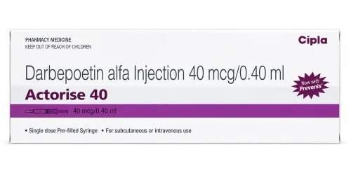 Actorise 40 Injection is a prescription darbepoetin alfa injection used for the management of anemia associated with chronic kidney disease (CKD) and, in appropriate patients, cancer chemotherapy. Darbepoetin alfa belongs to a group of medicines known as erythropoiesis-stimulating agents (ESAs).The medicine stimulates the bone marrow to increase red blood cell production. By supporting red blood cell formation, Actorise 40 may help improve hemoglobin levels and manage anemia-related symptoms such as weakness and tiredness.Treatment with Actorise 40 mcg Injection requires medical supervision. The dose and treatment schedule are determined by the physician according to the patient's condition, hemoglobin response and other clinical factors.Benefits of Actorise 40 Injection1. Management of Anemia in Chronic Kidney DiseasePeople with chronic kidney disease may develop anemia when the kidneys are unable to produce sufficient natural erythropoietin, a hormone involved in red blood cell formation.Darbepoetin Alfa 40 mcg acts as a red blood cell stimulating medicine and helps the bone marrow produce more red blood cells. When prescribed appropriately, this can help manage CKD-related renal anemia and improve low hemoglobin associated with the condition.2. Management of Chemotherapy-Associated AnemiaCertain chemotherapy treatments can suppress bone marrow function and decrease red blood cell production. This may lead to chemotherapy-induced anemia.Actorise 40 works by stimulating erythropoiesis in the bone marrow. In selected cancer patients receiving chemotherapy, a healthcare professional may prescribe it to help manage anemia and support hemoglobin levels.How Actorise 40 Injection WorksThe active ingredient, darbepoetin alfa, is an erythropoiesis-stimulating agent that acts on erythropoietin receptors in the bone marrow. This promotes the development and production of red blood cells.Because the response can vary between patients, hemoglobin and other blood parameters may need to be monitored regularly during treatment.How to UseActorise 40 should be administered only as directed by a qualified healthcare professional. The route, dose and frequency are determined according to the patient's medical condition and response to therapy.Do not change the prescribed dose or treatment schedule without medical advice.Monitoring During TreatmentRegular clinical monitoring may include:Hemoglobin levels and complete blood countBlood pressureIron status when clinically indicatedElectrolytes such as potassium when requiredResponse to darbepoetin alfa therapyAdequate iron status may also be evaluated because iron availability can affect red blood cell production.Possible Side EffectsSide effects associated with darbepoetin alfa therapy may include increased blood pressure, headache, injection-site reactions or hypersensitivity reactions. Patients should promptly seek medical attention for concerning symptoms such as severe headache, vision problems, seizures, breathing difficulty or significant skin reactions.PrecautionsActorise 40 requires careful use, particularly in patients with blood-pressure or cardiovascular concerns. Patients should inform their doctor about existing medical conditions and all medicines they are taking before starting therapy.Actorise 40 is a prescription medicine and should be used only under professional medical supervision.