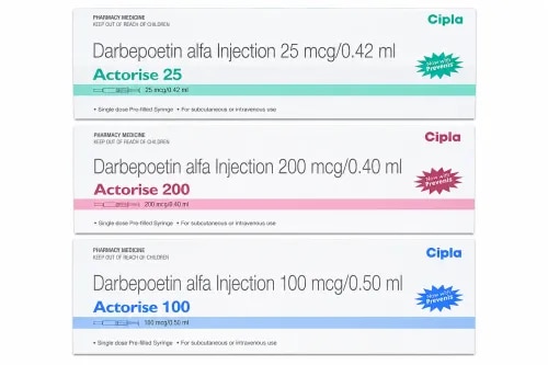 Actorise Injection is a prescription darbepoetin alfa injection available in multiple strengths, including Actorise 25, Actorise 100 and Actorise 200. These products belong to the erythropoiesis-stimulating agent (ESA) class of medicines and are used under medical supervision for the management of anemia associated with conditions such as chronic kidney disease (CKD) and certain cases of chemotherapy-induced anemia.Darbepoetin alfa supports the body's red blood cell production by stimulating the bone marrow. Treatment is individualized according to the patient's hemoglobin level, clinical condition and response to therapy.Available Actorise VariantsActorise 25 Injection	Darbepoetin Alfa	25 mcgActorise 100 Injection	Darbepoetin Alfa	100 mcgActorise 200 Injection	Darbepoetin Alfa	200 mcg*The linked listings call these “mg,” but darbepoetin alfa products are generally labeled in mcg. Confirm the exact strength and volume from each physical pack before publishing.Clinical UsesChronic Kidney Disease–Associated AnemiaReduced kidney function can result in insufficient erythropoietin production and consequently lower red blood cell levels. Darbepoetin alfa may be prescribed to stimulate erythropoiesis and help manage anemia associated with chronic kidney disease.Chemotherapy-Associated AnemiaSome chemotherapy regimens can suppress red blood cell production. In appropriately selected patients, Actorise may be prescribed as an ESA therapy for chemotherapy-related anemia to support red blood cell and hemoglobin levels.How Actorise WorksDarbepoetin alfa acts similarly to naturally occurring erythropoietin and stimulates erythropoietin receptors in the bone marrow. This encourages the formation of red blood cells and helps improve hemoglobin levels over time.Administration & MonitoringActorise is administered according to the physician's prescribed dose and schedule. Depending on the specific product and clinical indication, darbepoetin alfa may be administered subcutaneously or intravenously.During therapy, healthcare professionals may monitor hemoglobin, blood pressure, complete blood count and iron status. Dose adjustments should only be made by the treating physician.Possible Side EffectsPotential adverse effects can include high blood pressure, headache, injection-site reactions and hypersensitivity reactions. Darbepoetin alfa also carries clinically important cardiovascular and thromboembolic risks, so appropriate patient selection and monitoring are essential.